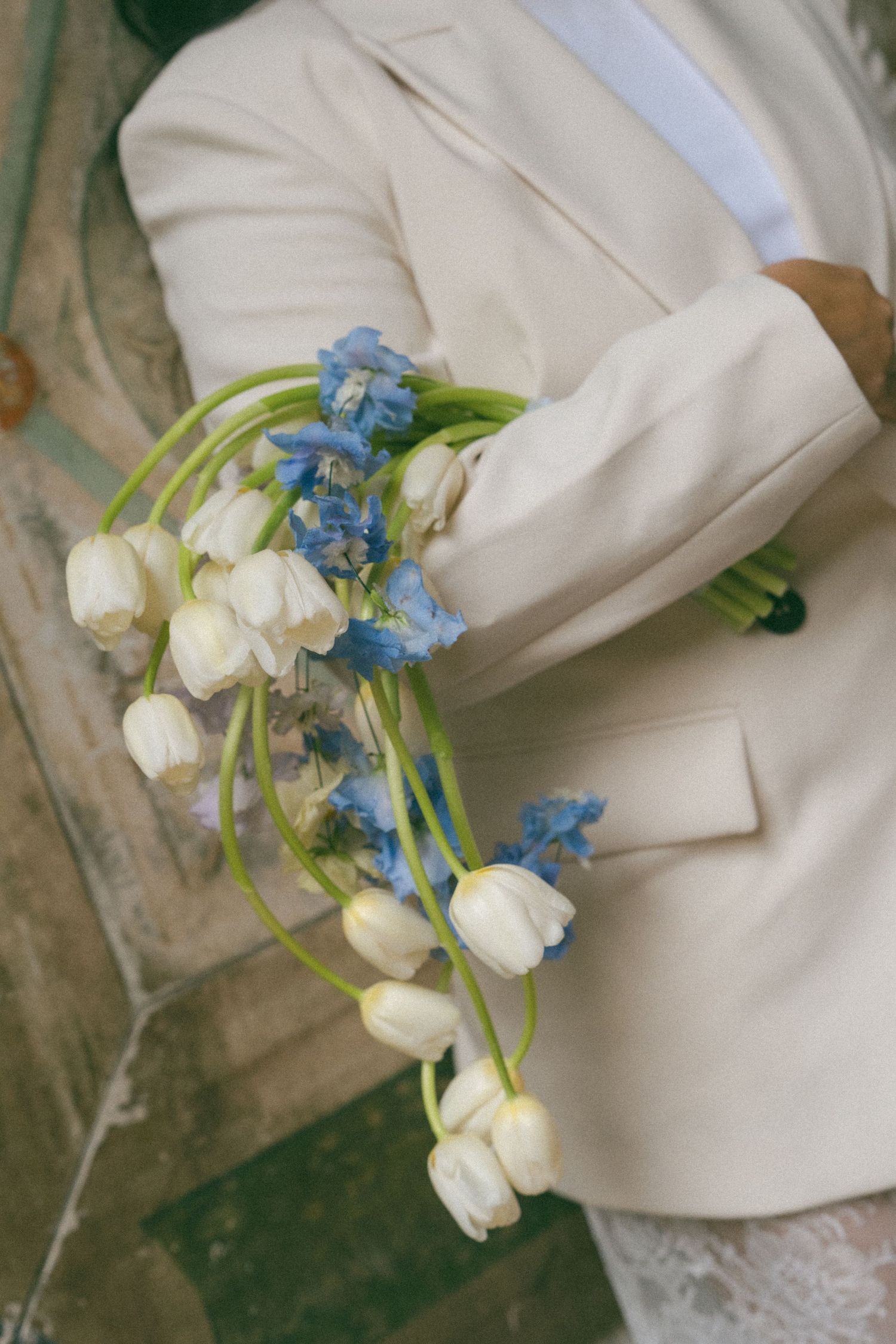 Person in cream blazer holding a cascading bridal bouquet of white tulips and blue delphiniums.