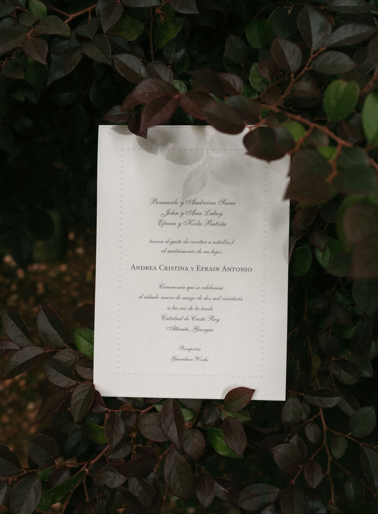 Elegant wedding invitation card displayed among dark green and burgundy leaves in a garden setting.