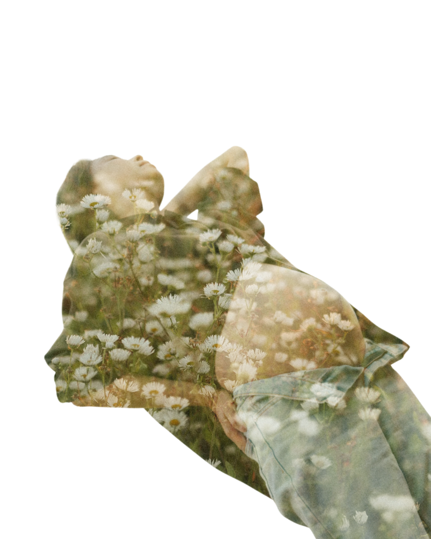 Double exposure portrait of a woman reclining merged with a field of white wildflowers in soft earthy tones.