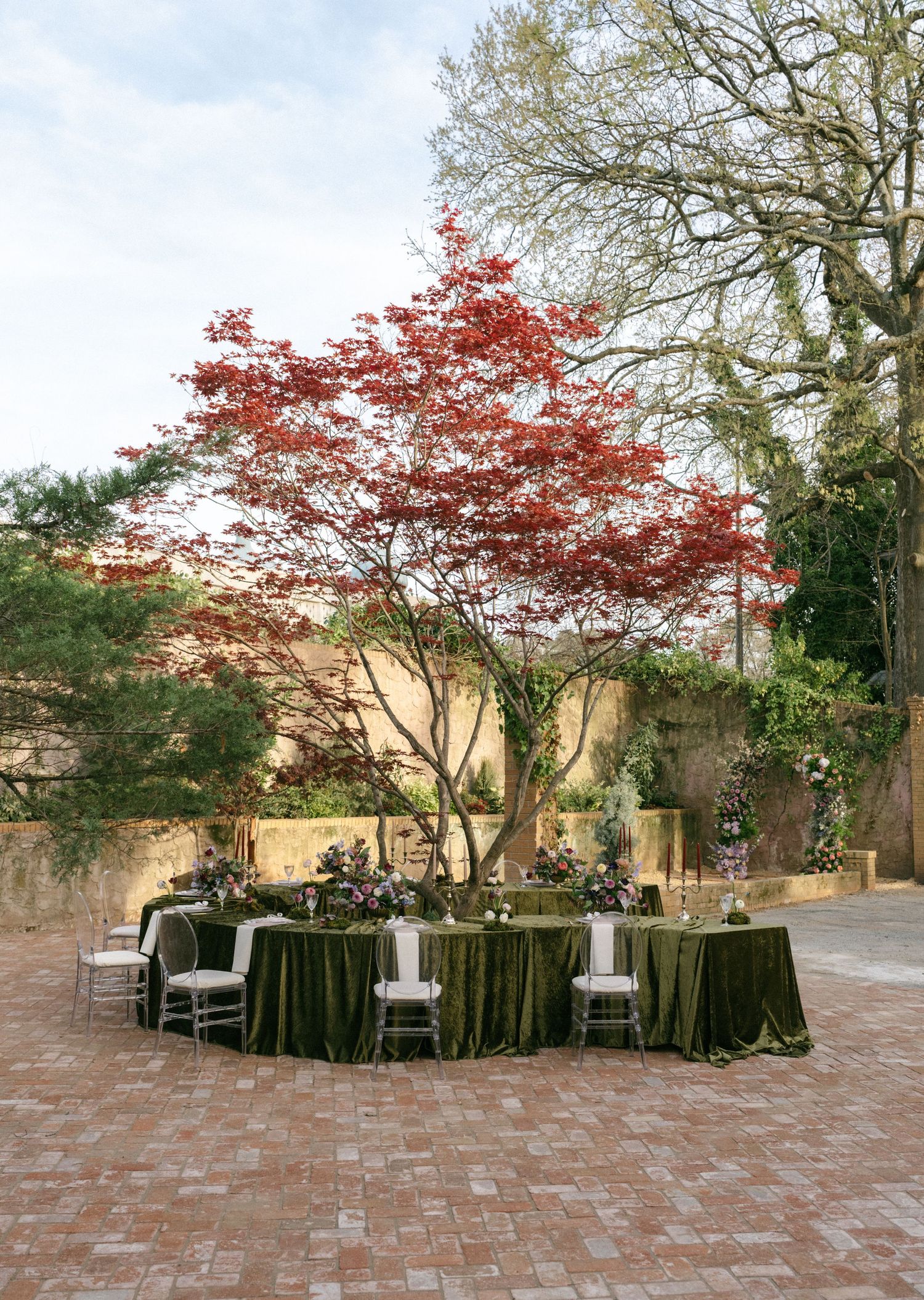 Elegant outdoor wedding reception with green velvet tablecloths under a red Japanese maple tree on a brick patio.