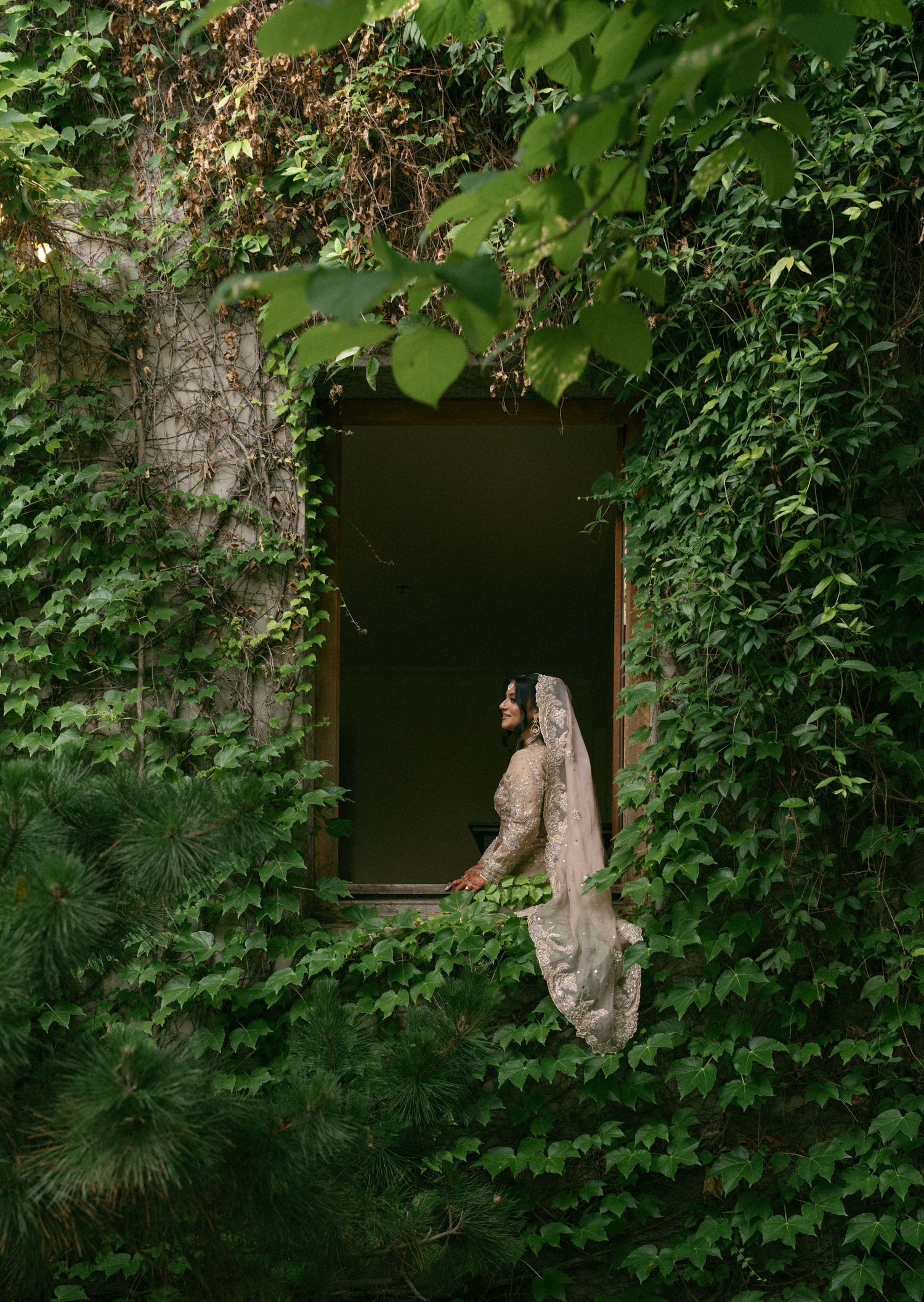 Bride in white gown and veil sits in ivy-covered window surrounded by lush green foliage.