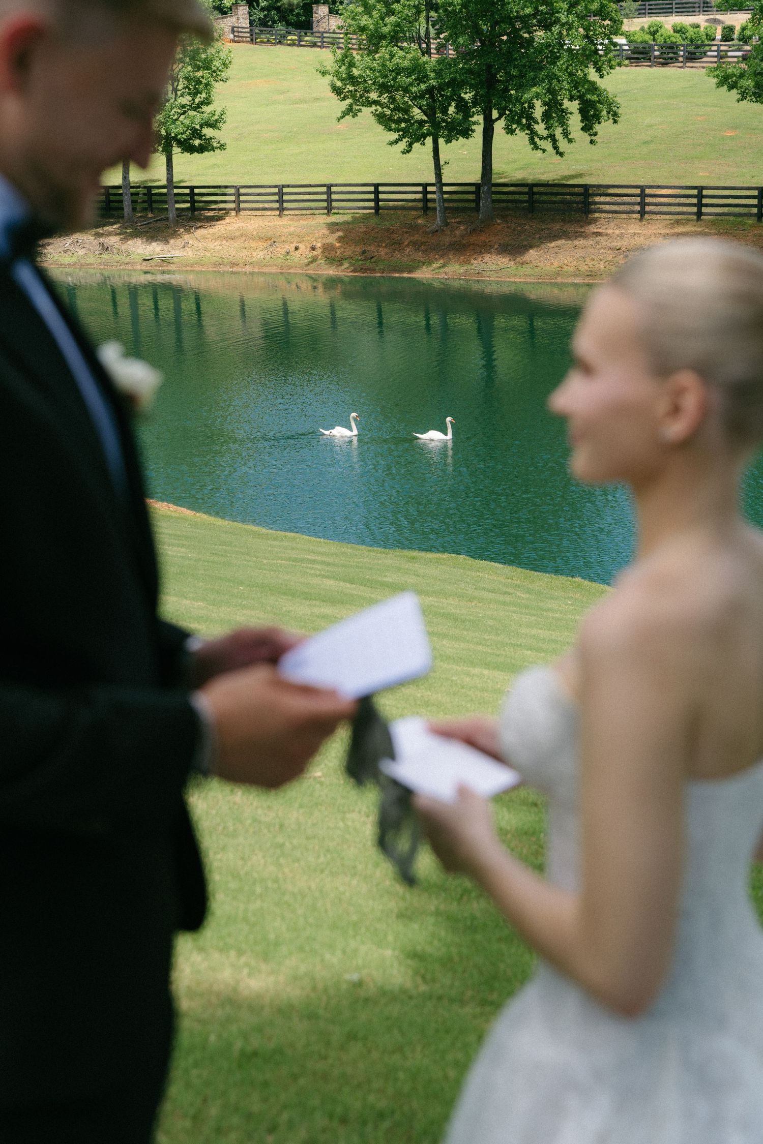 Bride and groom exchanging vows by a serene pond with two white swans swimming, surrounded by lush green landscape.