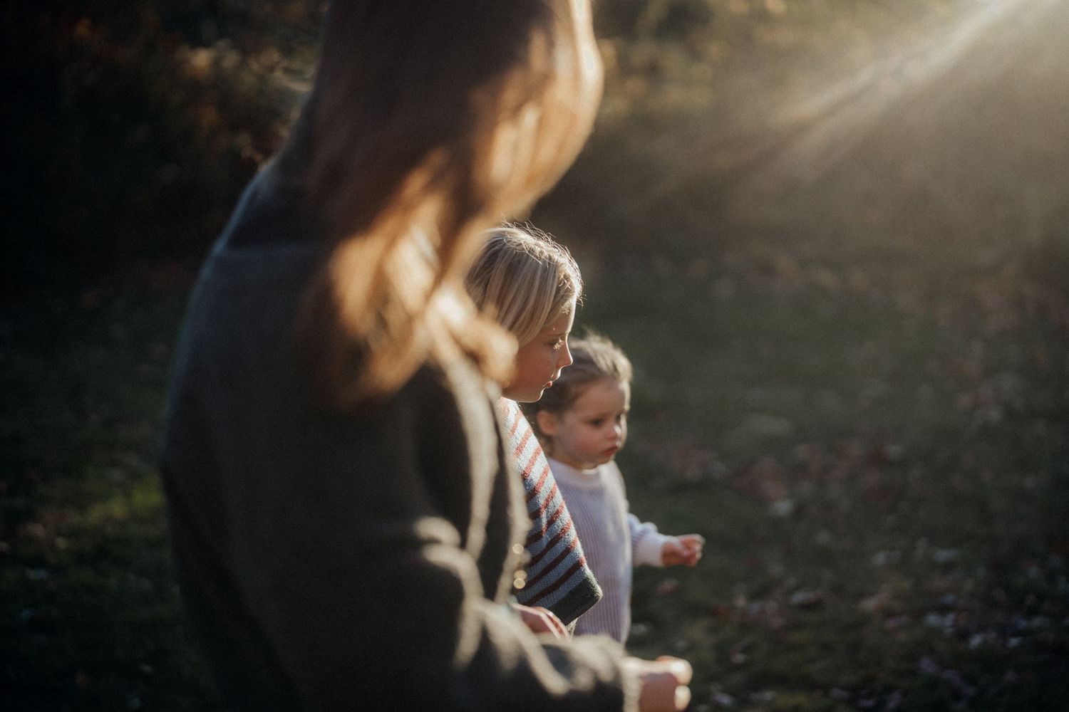 Sunlit outdoor scene with people in nature during golden hour.