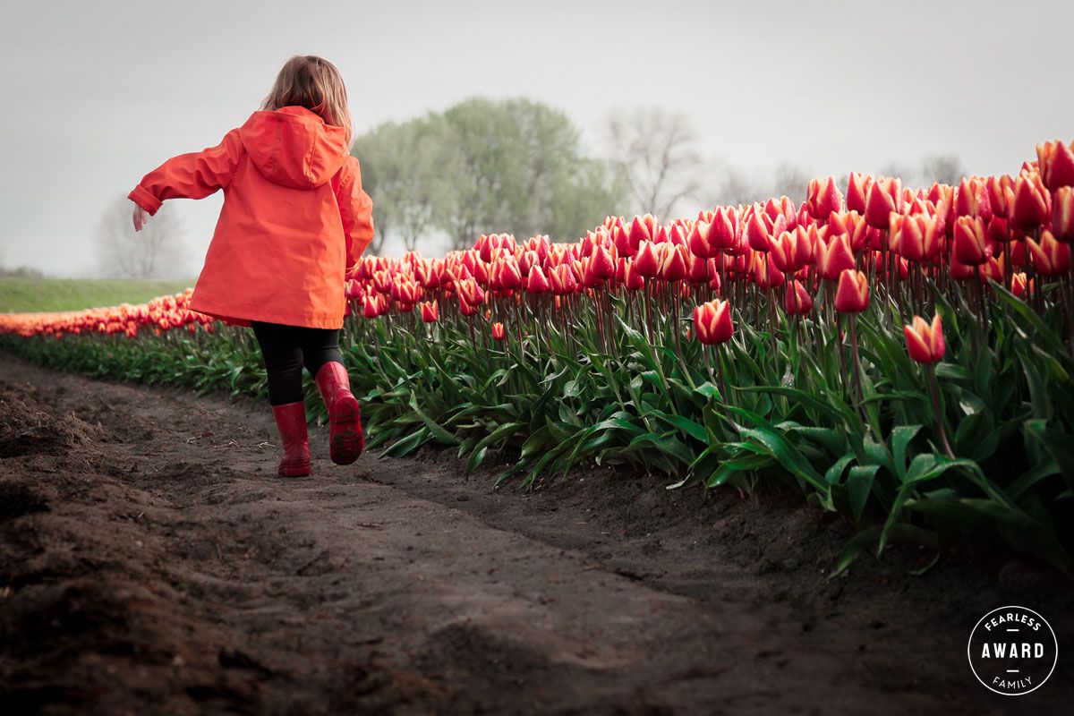 peuter in oranje jasje, rennend langs de oranje tulpen. Award winnende foto van gezinsfotograaf Fotos van Jess in Brabant
