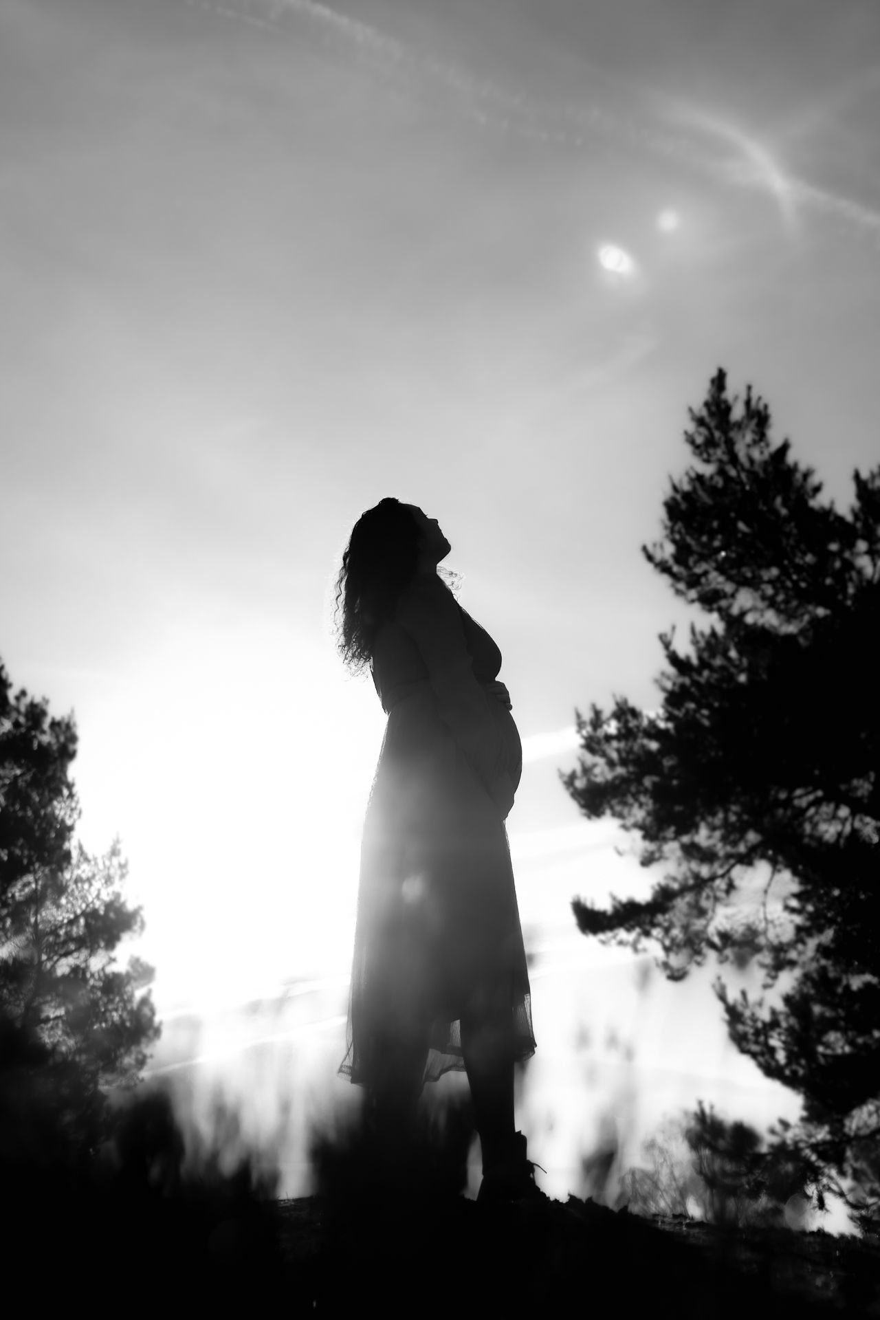 zwangere vrouw in silhouet op de heide