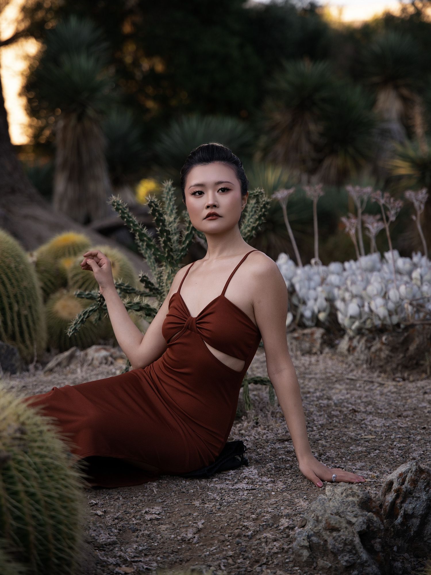 Asian woman in brown cutout dress sits elegantly among desert cacti at dusk.