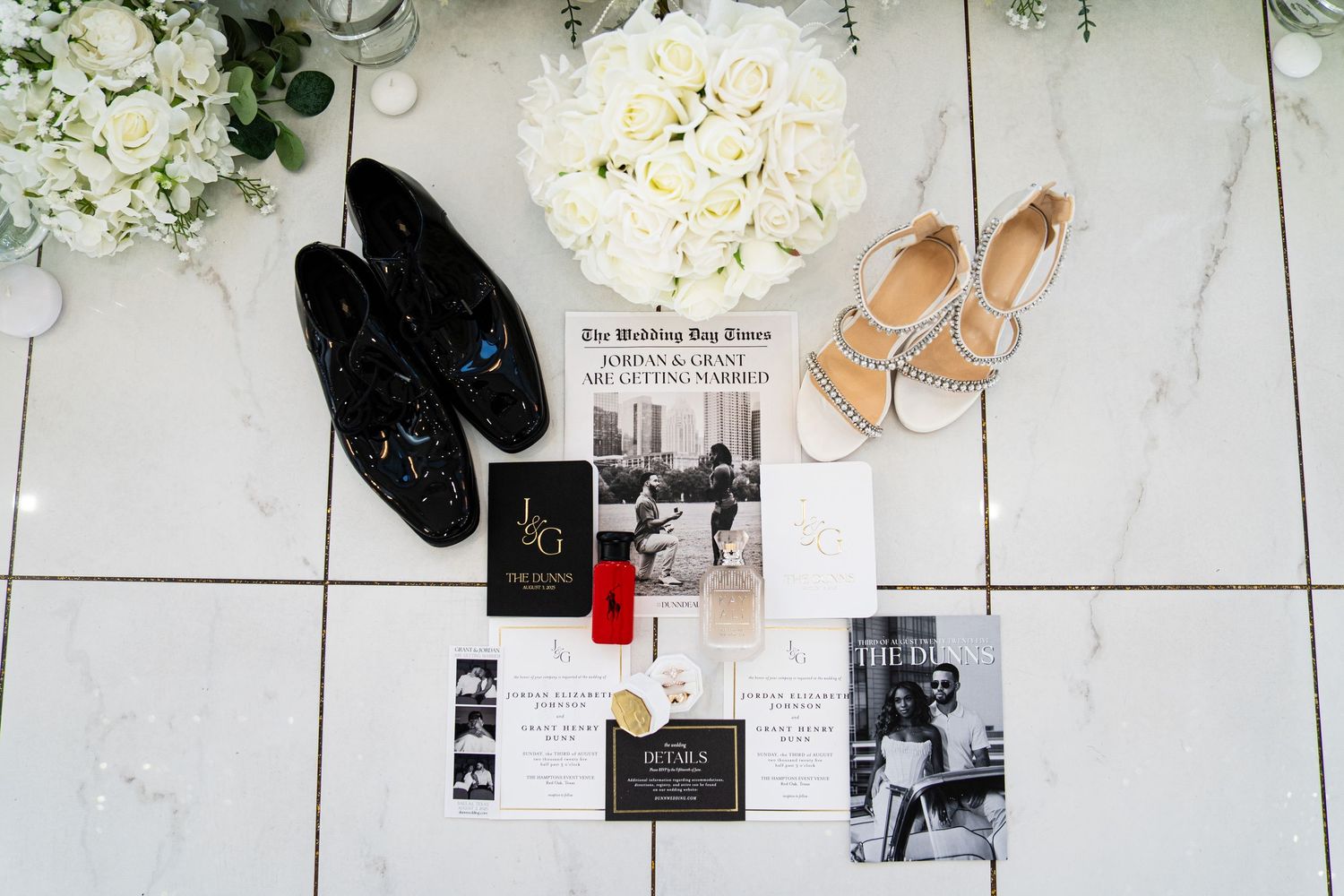 Wedding timeline display with white floral arrangements and photos on a white wall.