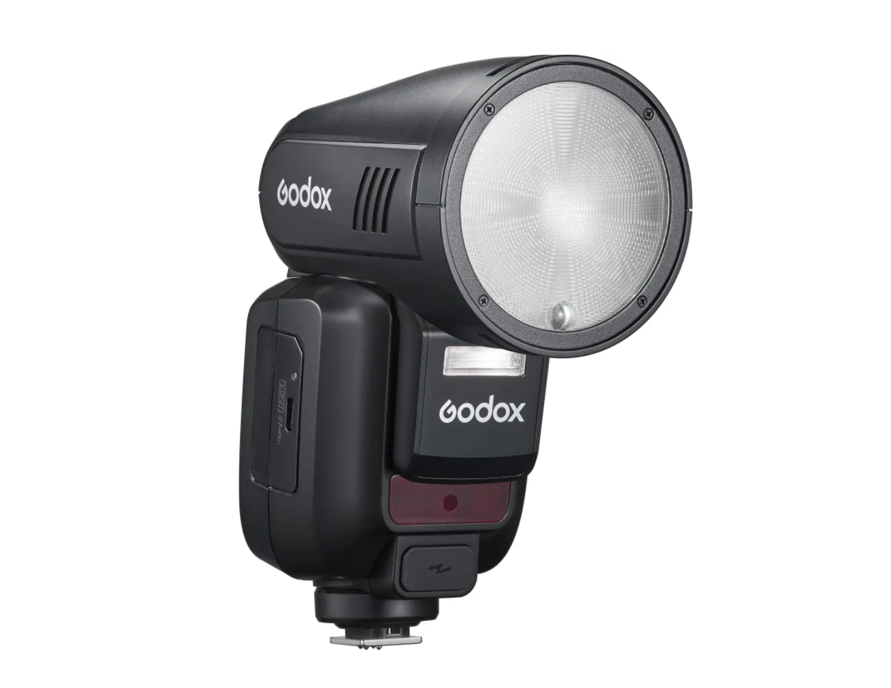 Godox V1 Pro round head camera flash speedlite with hot shoe mount on white background.