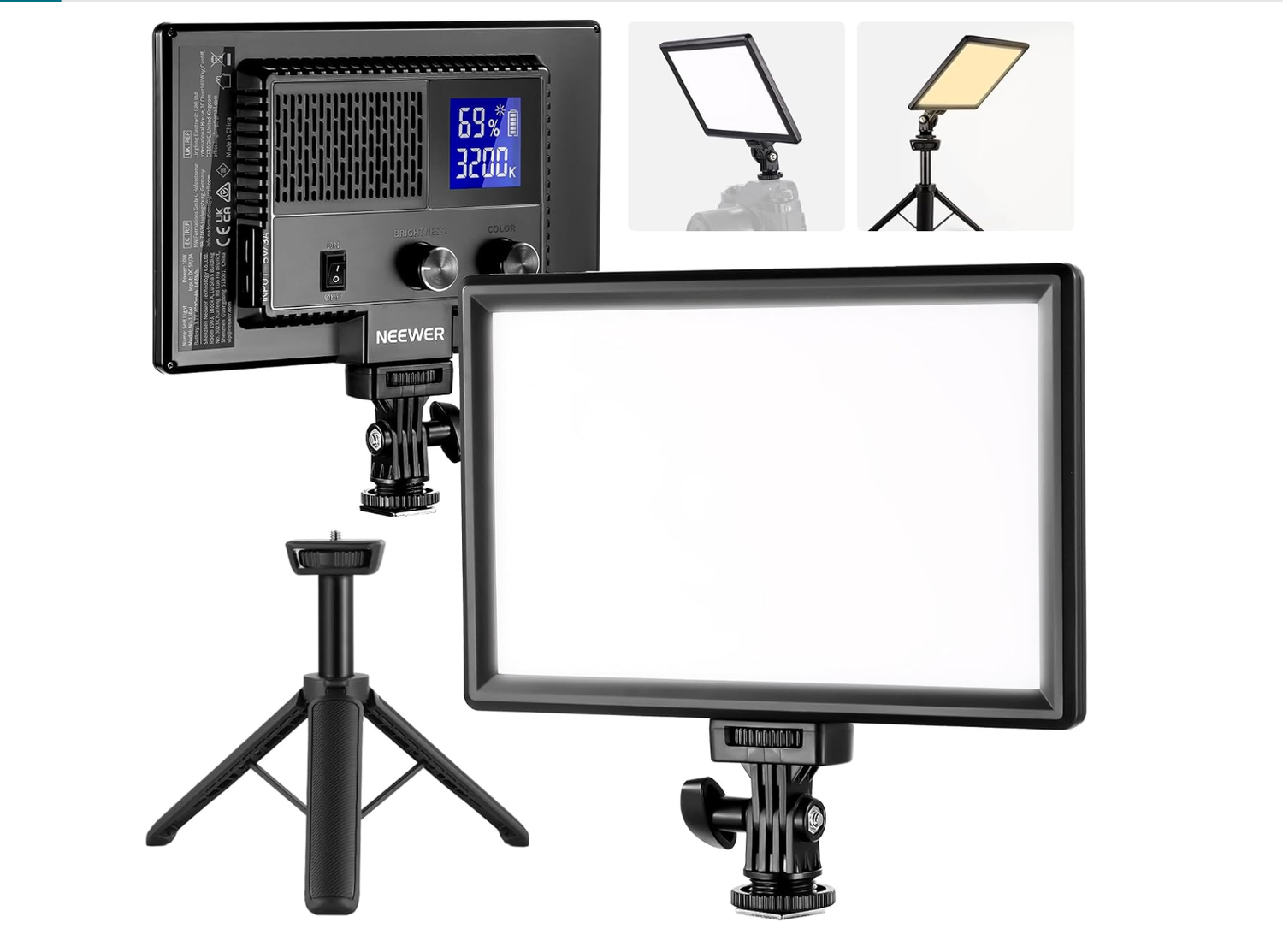Neewer LED video light panel with adjustable tripod stand, LCD display showing brightness settings, for photography lighting.