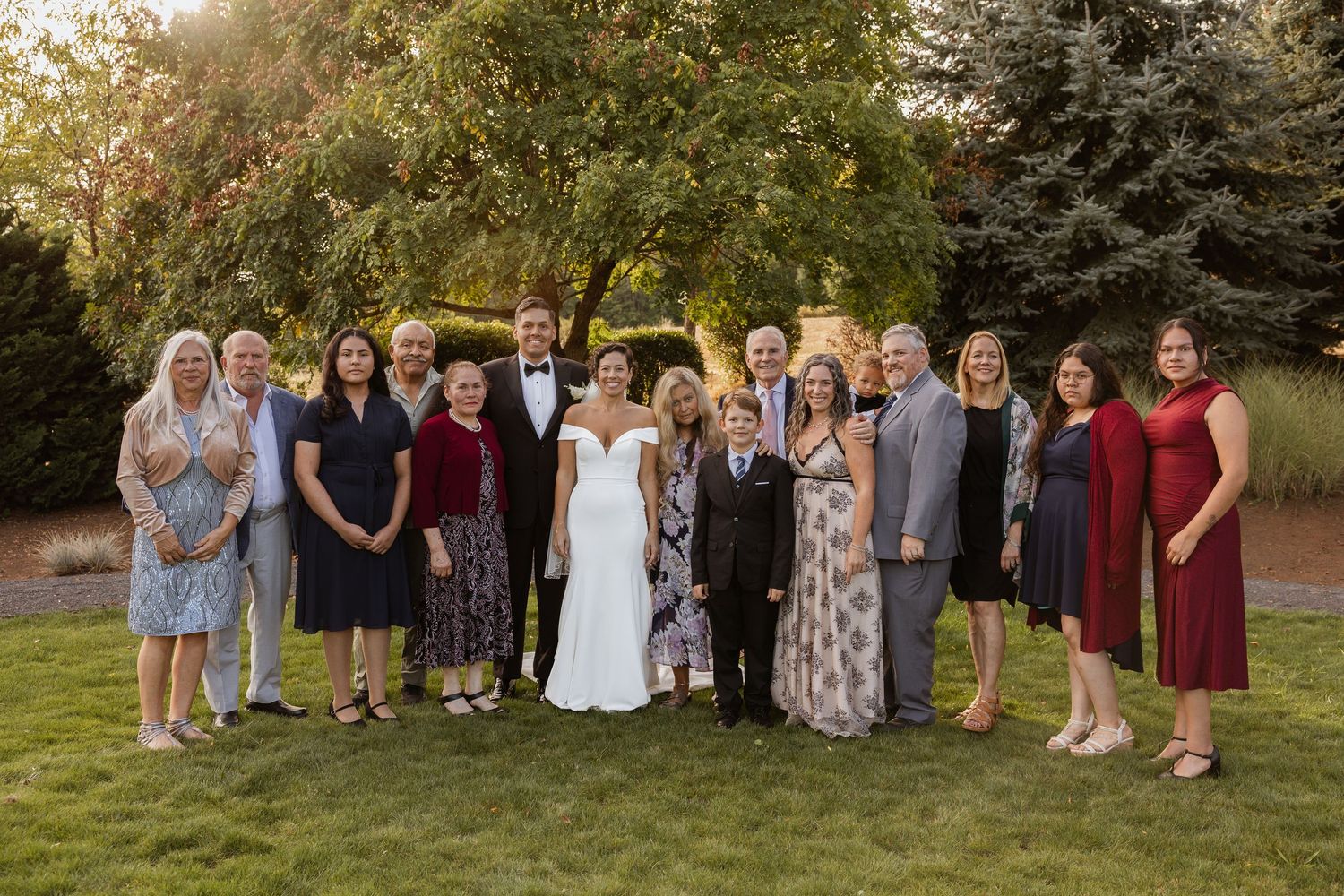 A series of outdoor wedding photos showing groups of people gathered in natural settings during a summer celebration.