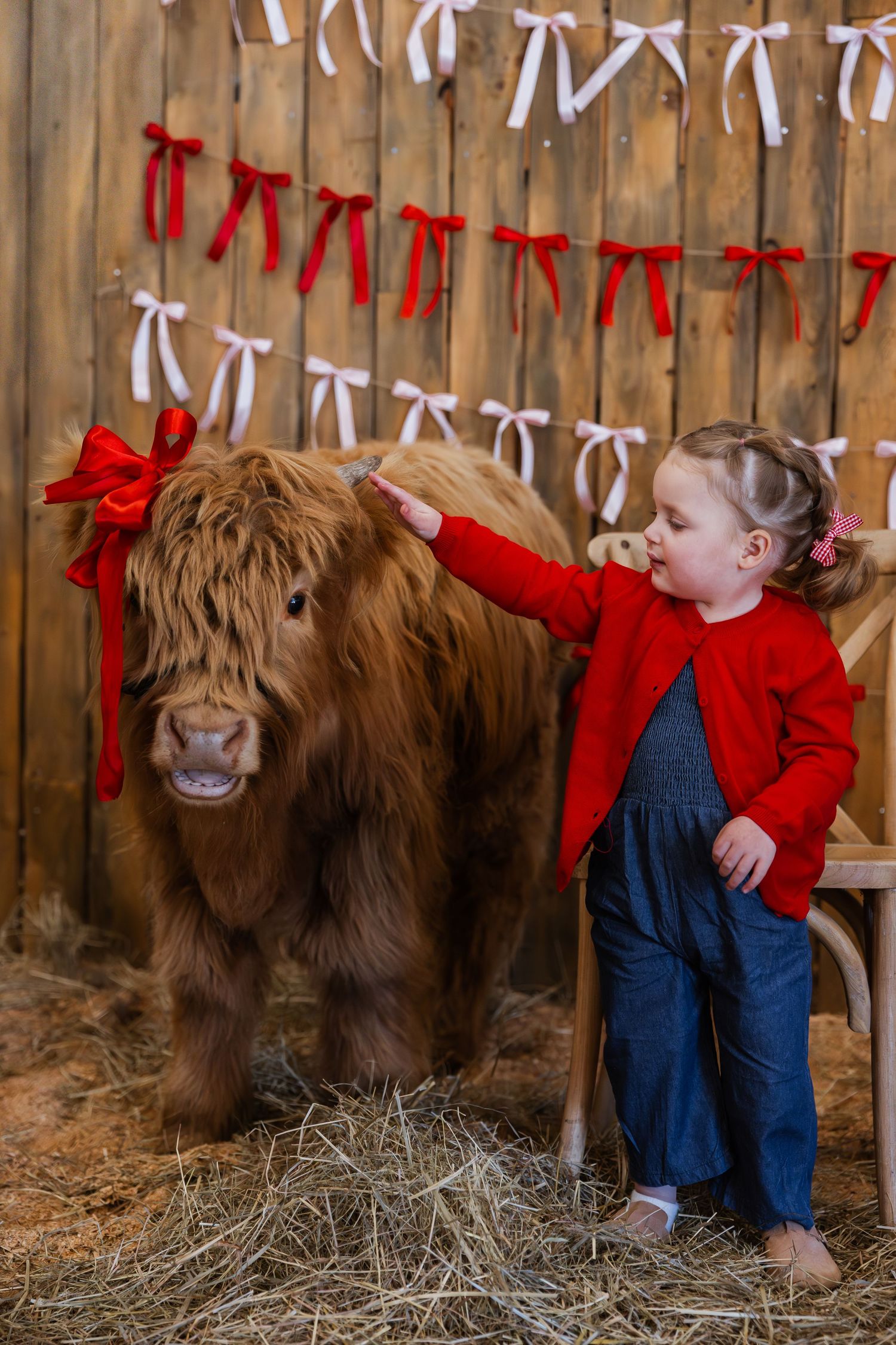A young child in denim overalls interacts playfully with a large brown dog in a rustic barn setting with hay.