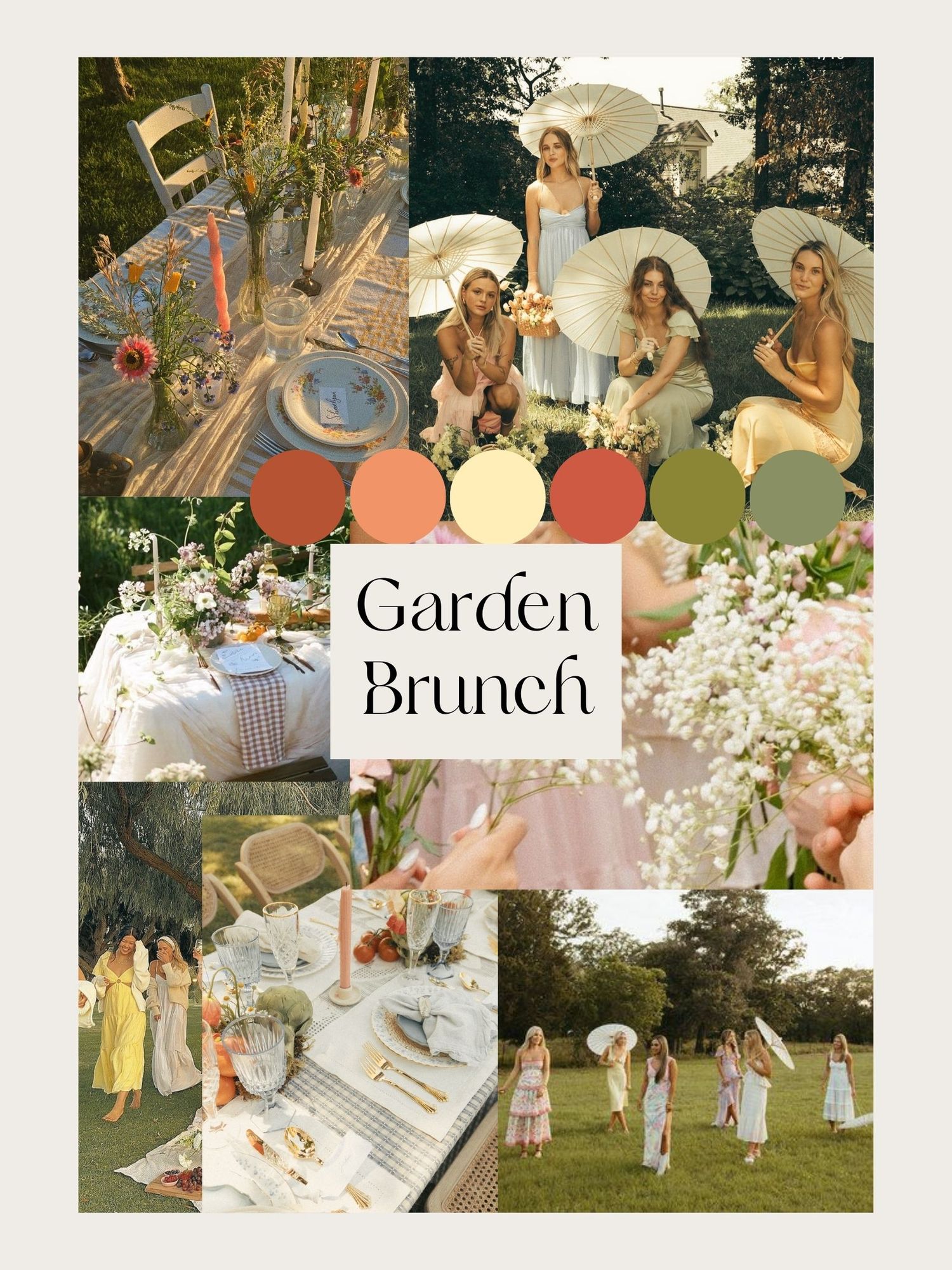A dreamy garden brunch mood board featuring outdoor table settings, floral arrangements, and people in light summer dresses.
