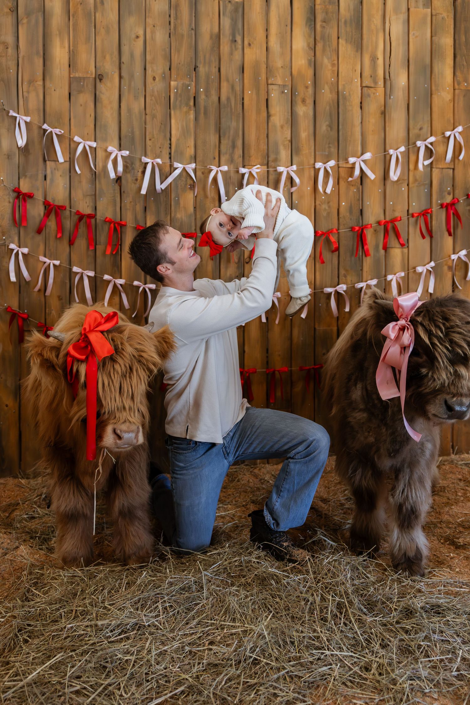 A funny sequence of photos shows someone being playfully knocked over by a llama in a barn with festive decorations.
