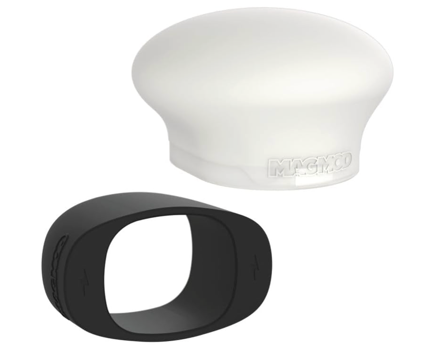 White mushroom-shaped flash diffuser with black oval lens hood accessory for camera photography lighting.