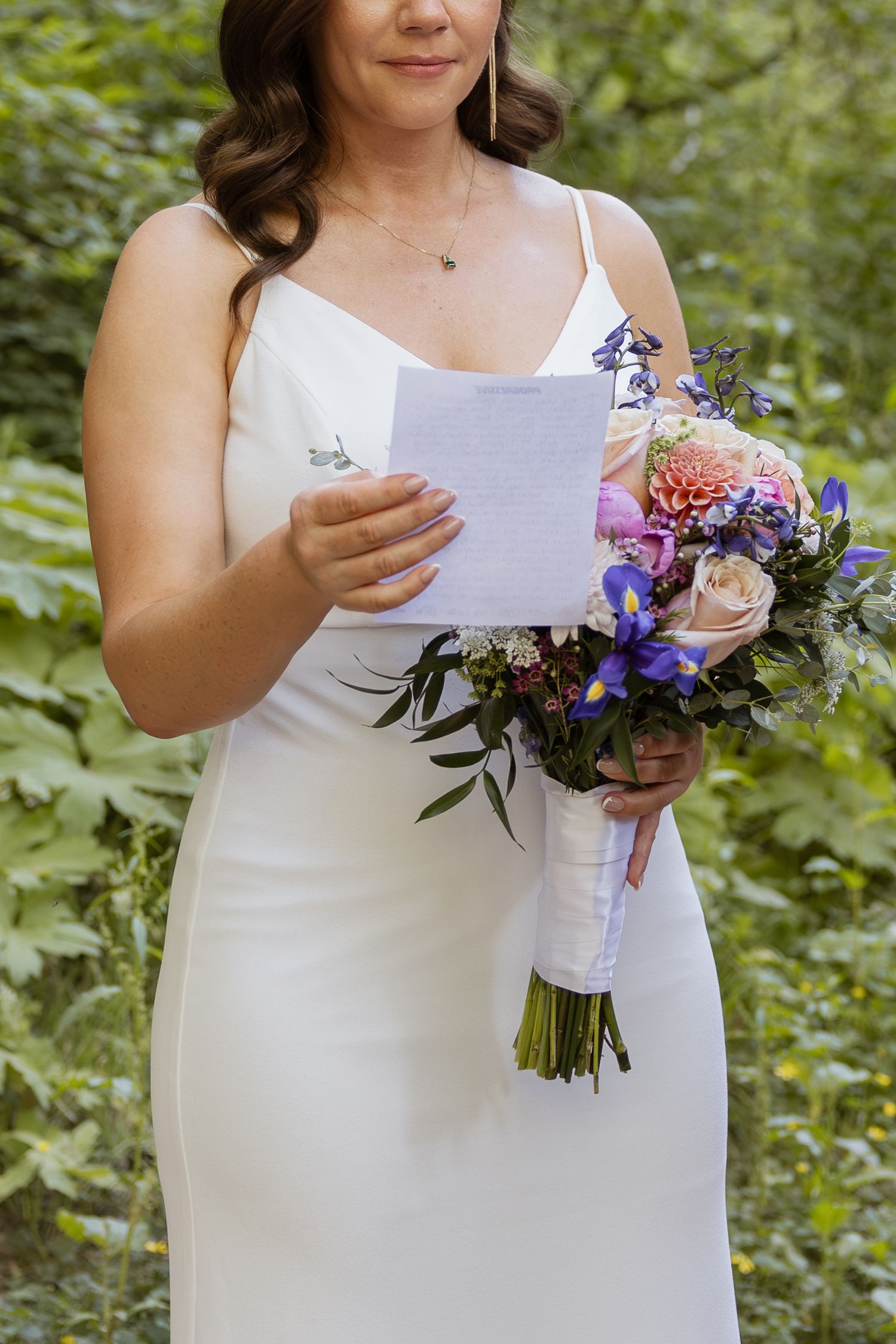 Four cropped photos show someone in a white wedding dress holding a colorful bouquet of pink and purple flowers outdoors.