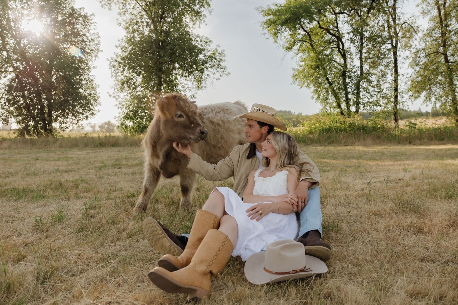 Couple in cowboy hats sitting in a sunny field with a baby bison nuzzling them during a rustic maternity photo shoot.