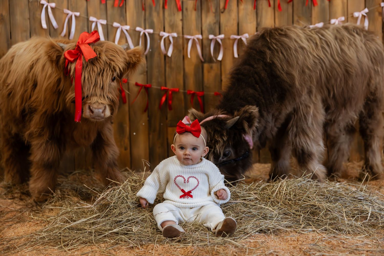 A baby in a white outfit sits in hay next to a large brown dog during a holiday photo session.
