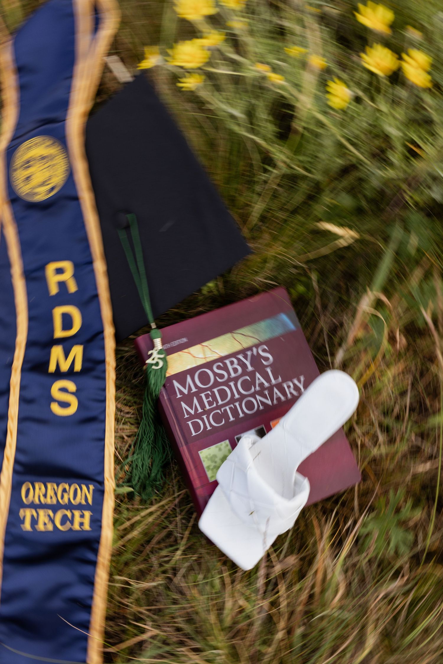 A Mosby's Medical Dictionary and Oregon Tech RDS sash lay among yellow flowers in an outdoor setting.