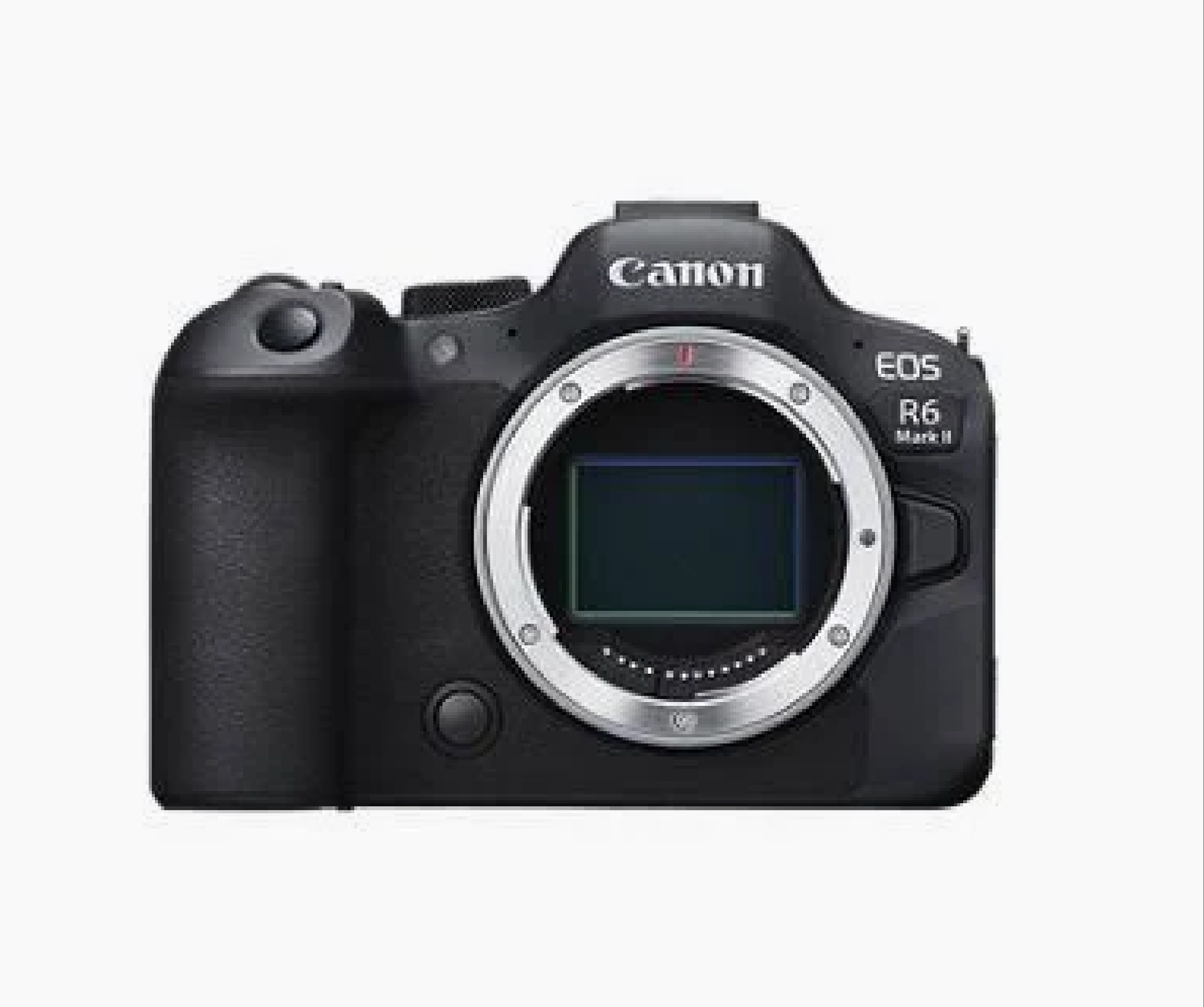 Canon EOS R6 Mark II mirrorless camera body in black, shown without lens, featuring RF mount sensor.