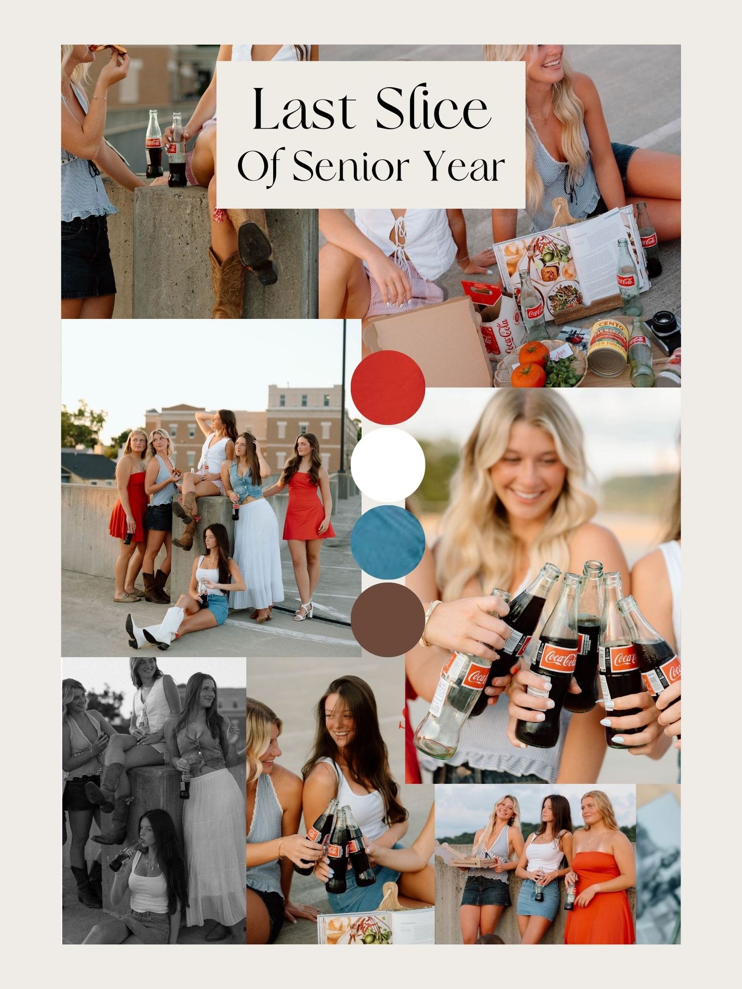 A photo collage showing friends toasting with drinks and celebrating their senior year of high school together.
