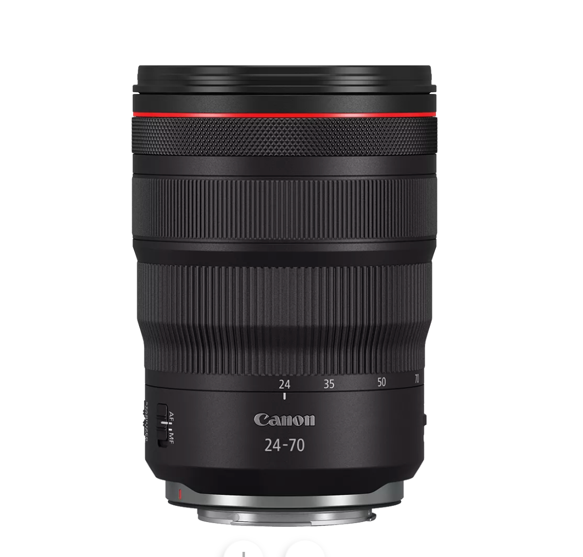 Canon RF 24-70mm f/2.8L IS USM zoom lens in black with red accent ring on white background.