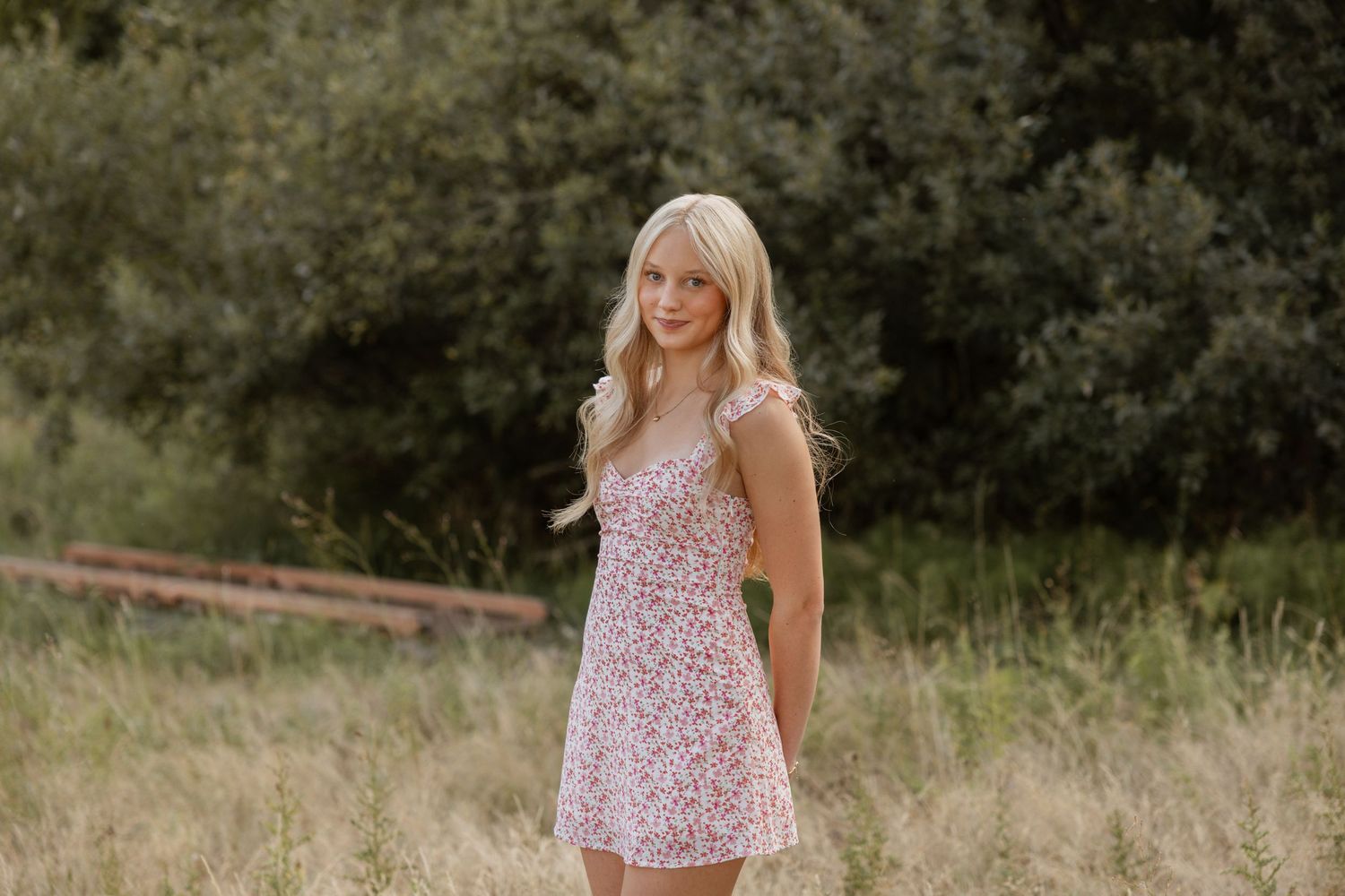 A person wearing a floral sundress stands in a sunny meadow with trees in the background.