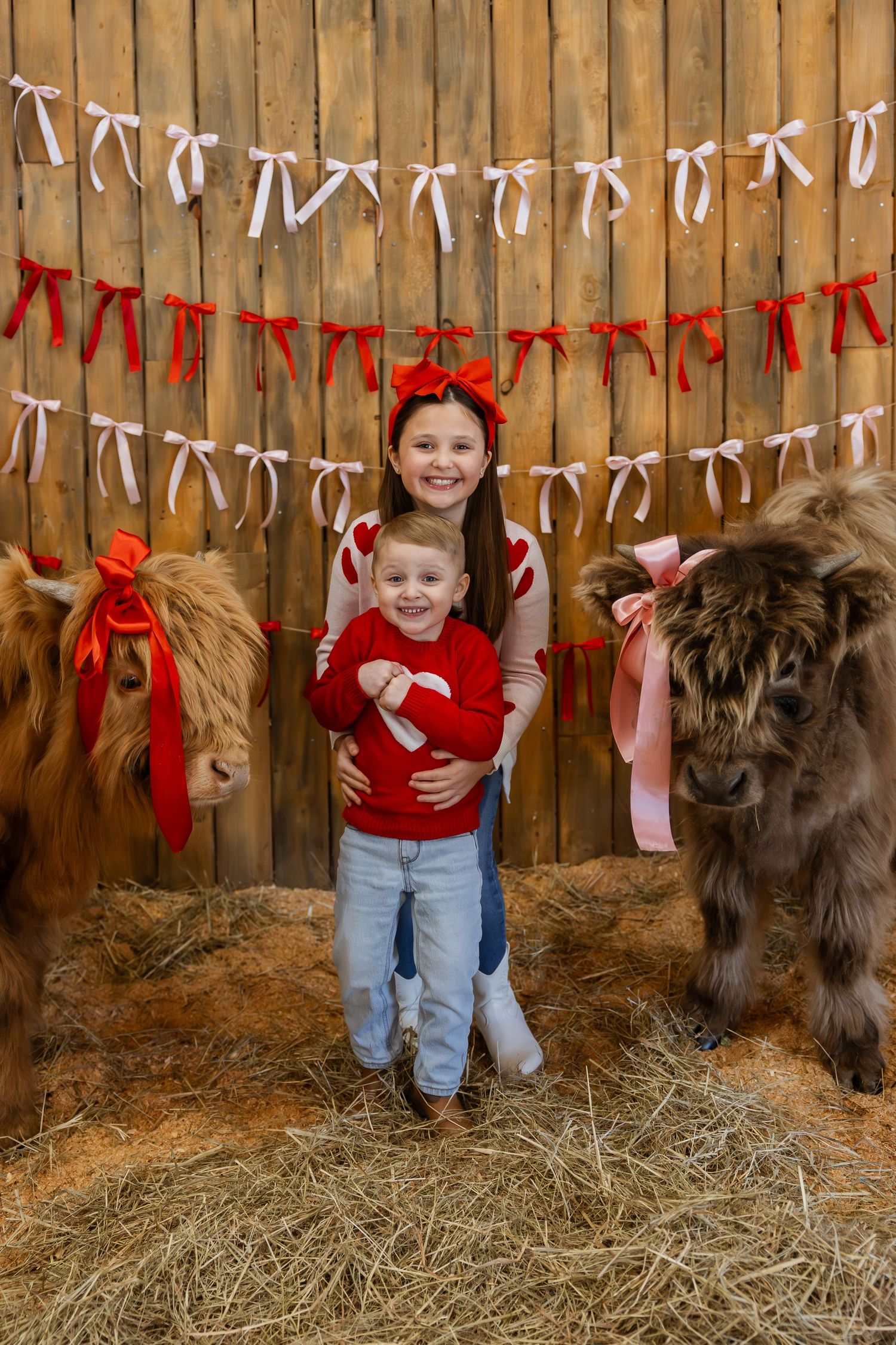 A sequence of four photos showing a young child playing with a large fluffy dog against a wooden fence with ribbons.