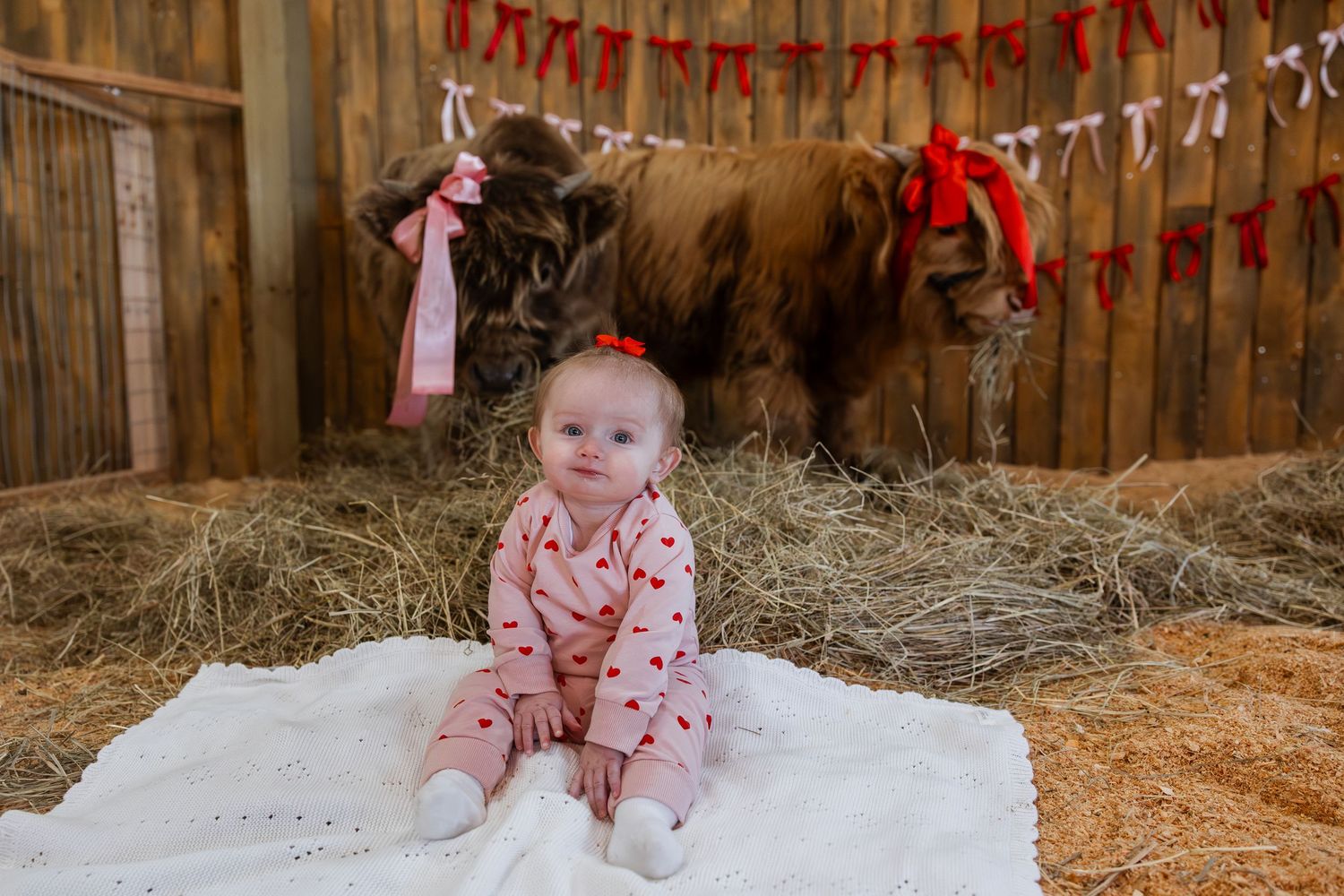 A series of photos showing a baby in pink floral outfit sitting and playing in a winter snow scene with rustic wooden backdrop.
