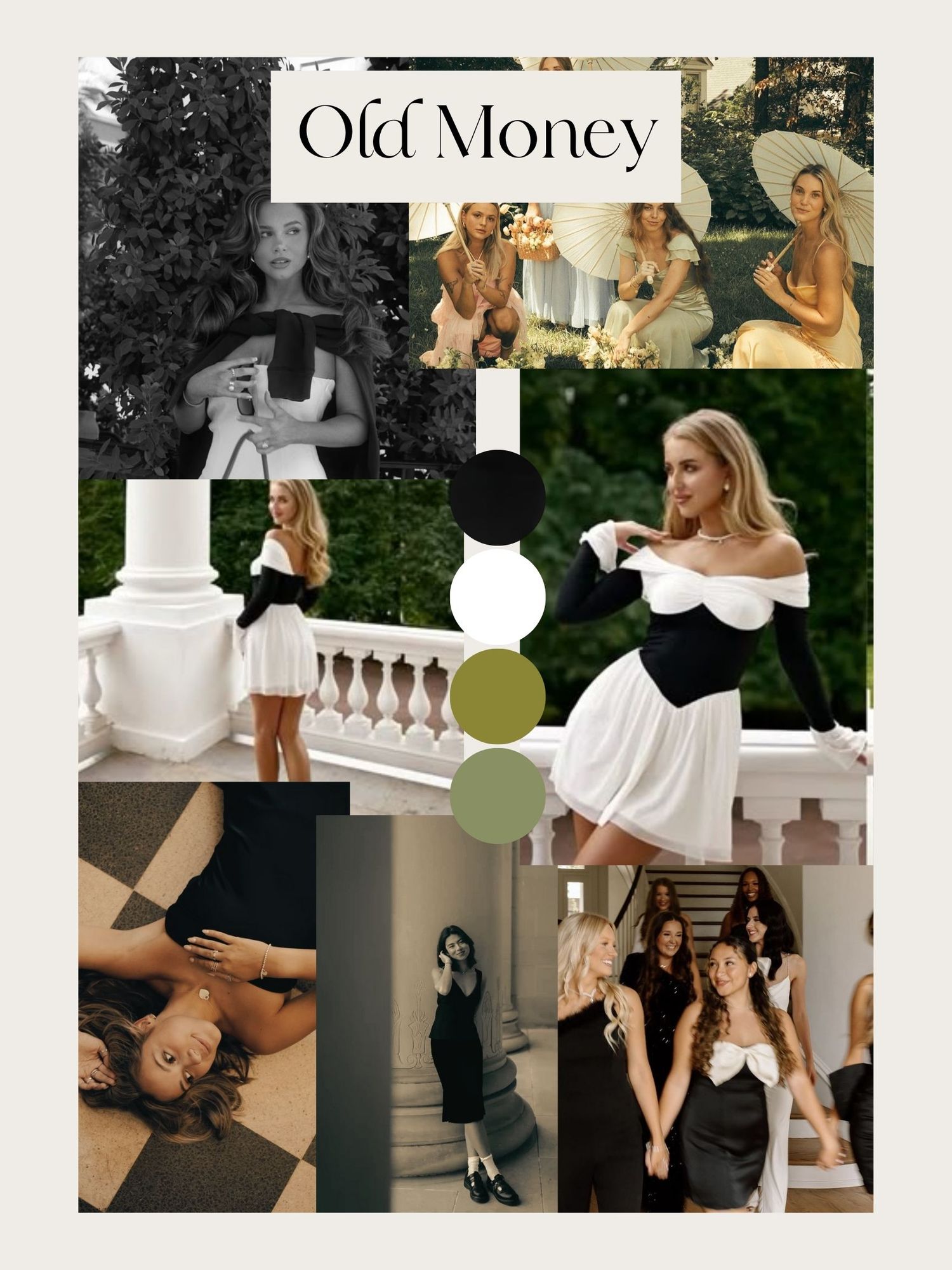 A vintage-inspired fashion mood board features black and white outfits, elegant poses, and classic architectural elements.