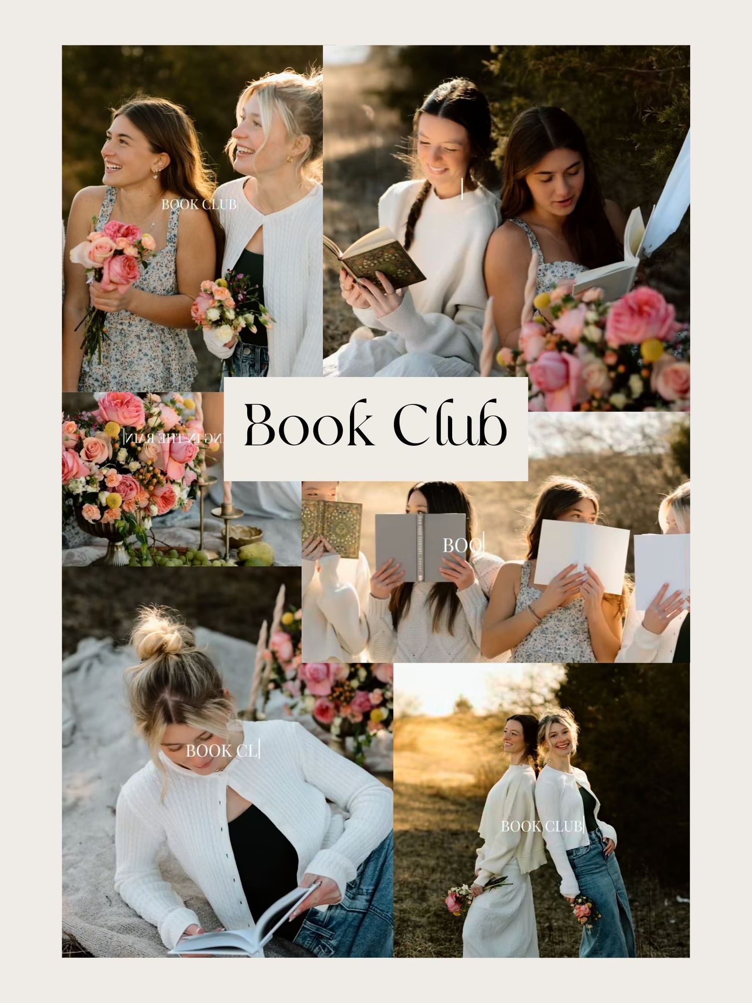 A collage of people enjoying a book club gathering outdoors with floral arrangements and casual conversation.