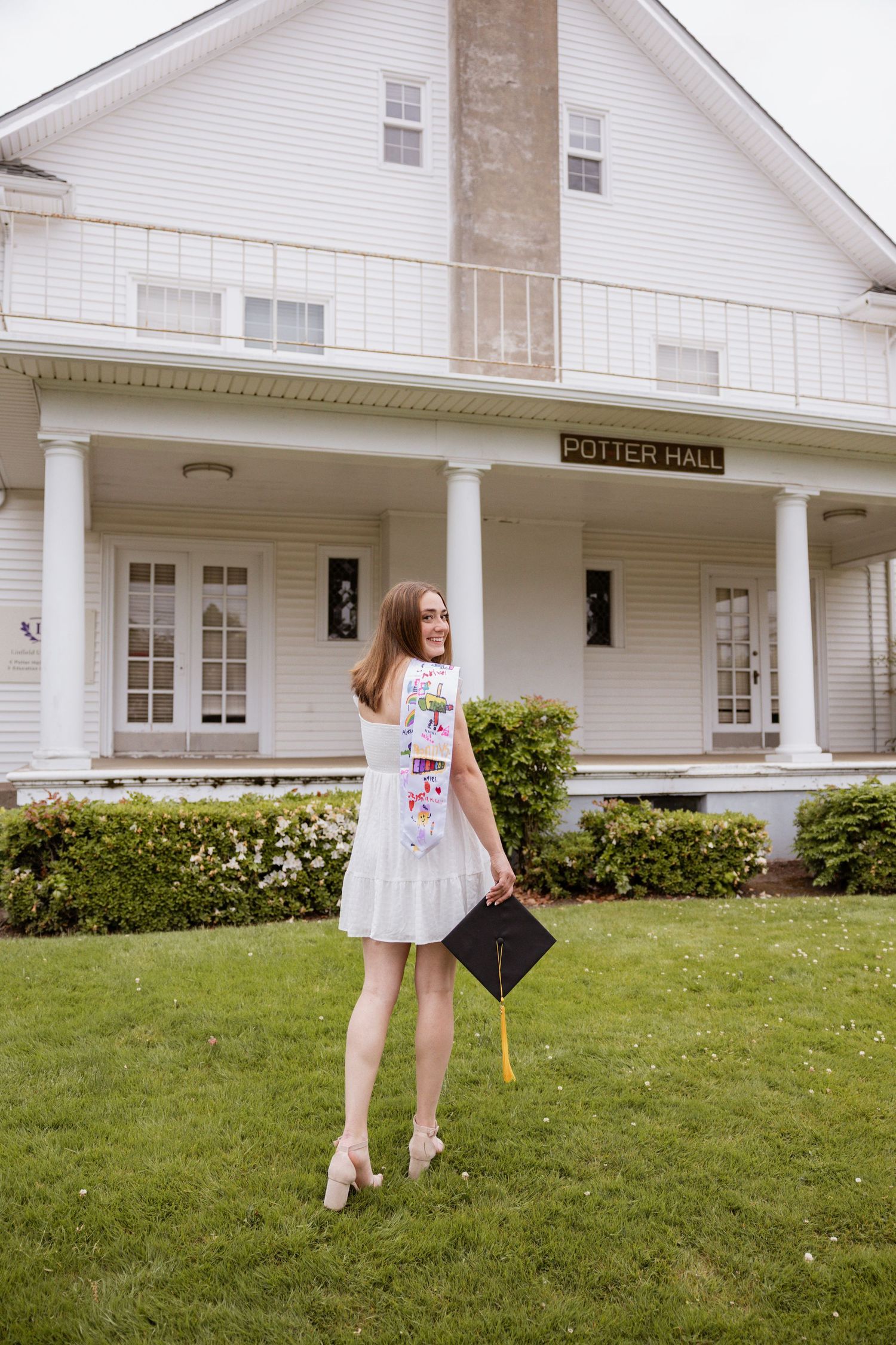 A sequence of four photos showing someone holding a graduation cap and diploma while posing in front of Potter Hall.