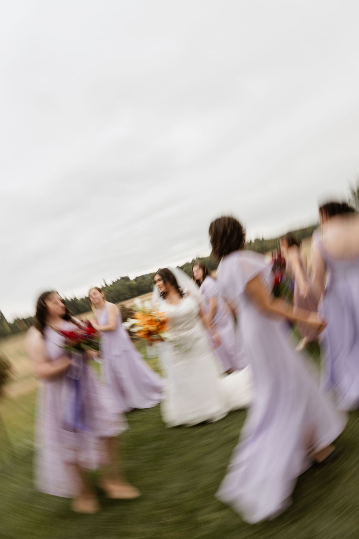 Motion-blurred shot of wedding party dancing in purple dresses on grass.