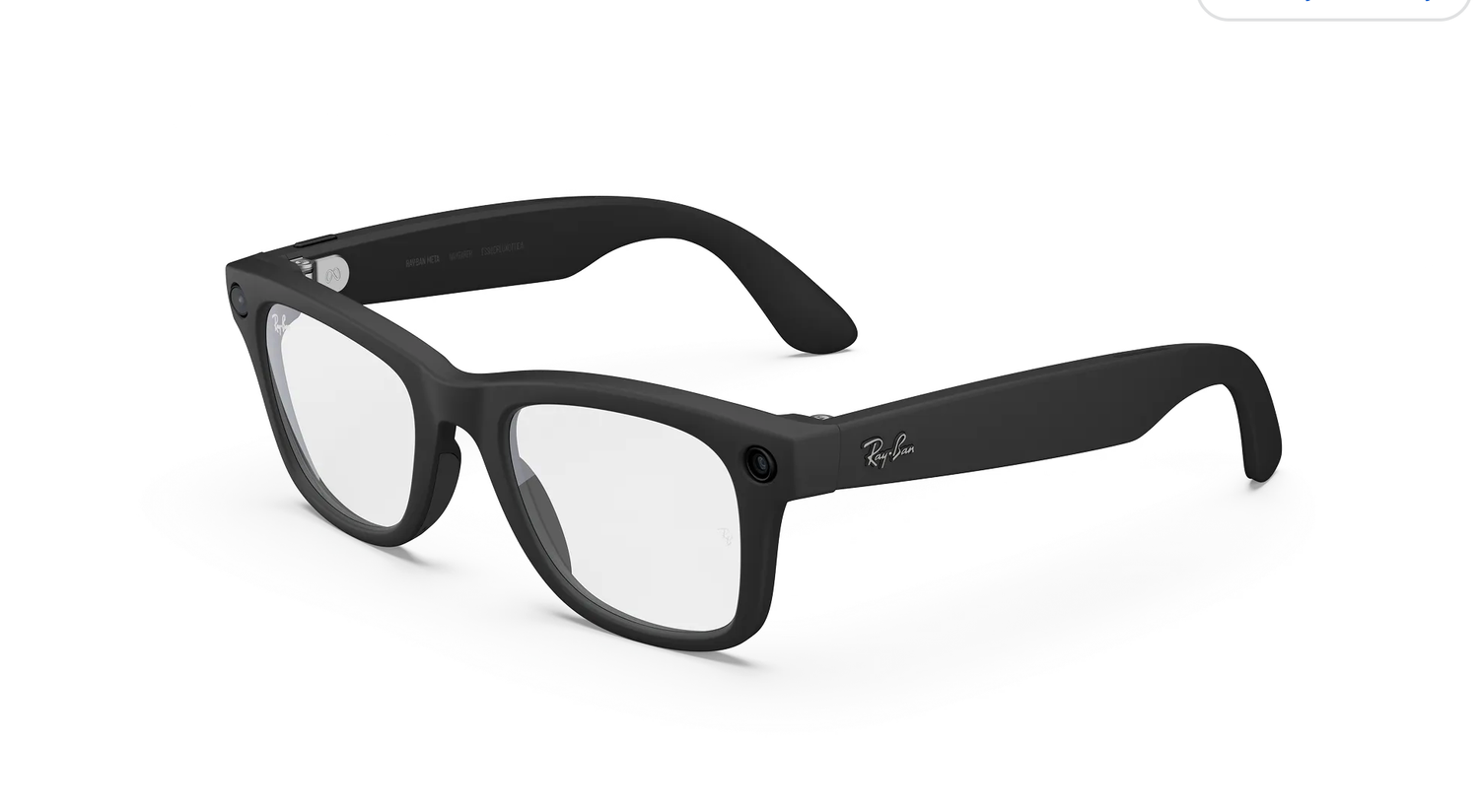 Black Ray-Ban smart glasses with clear lenses and built-in technology, shown at an angle on white background.