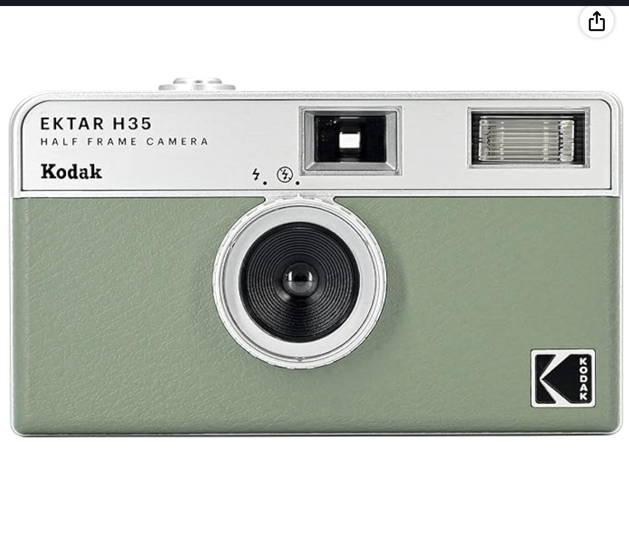 Kodak Ektar H35 Half Frame Camera in sage green with silver accents and built-in flash.