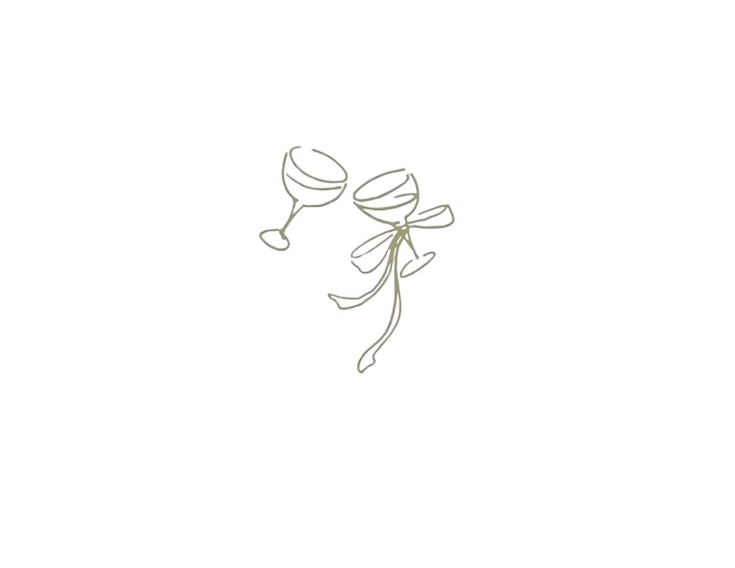 A simple line drawing of two wine glasses clinking together with decorative ribbon bow design.