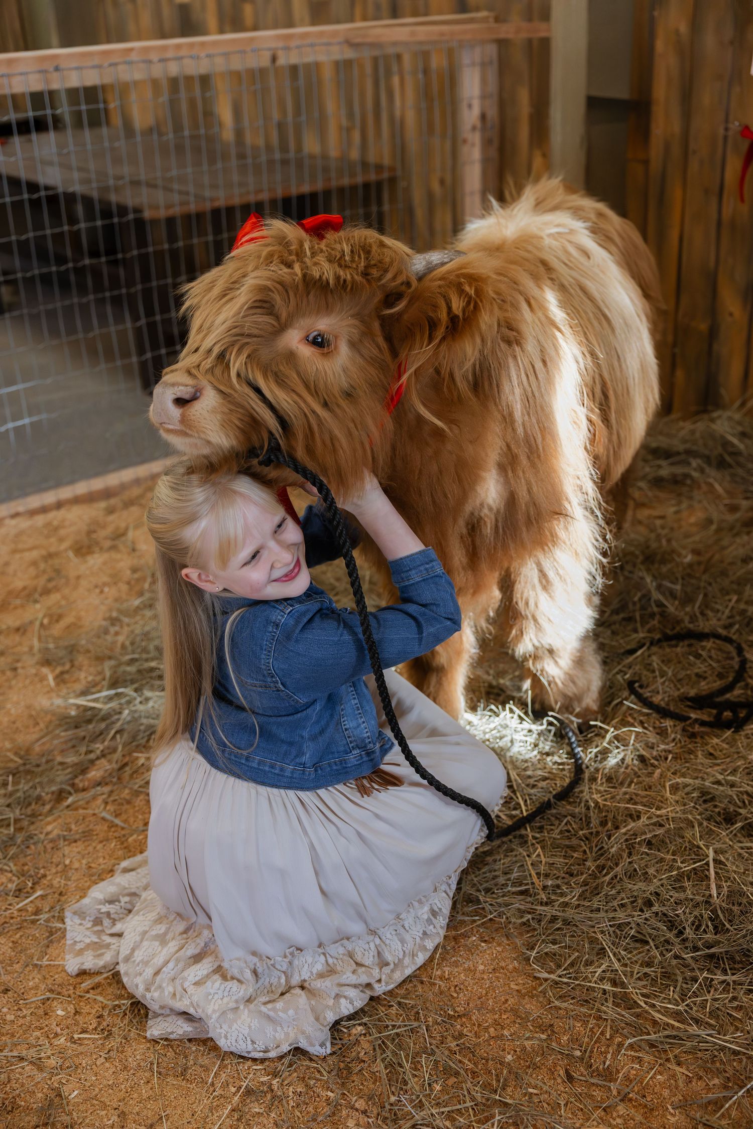 A child in a blue dress sits on hay-covered ground while petting a brown dog in a rustic barn setting.