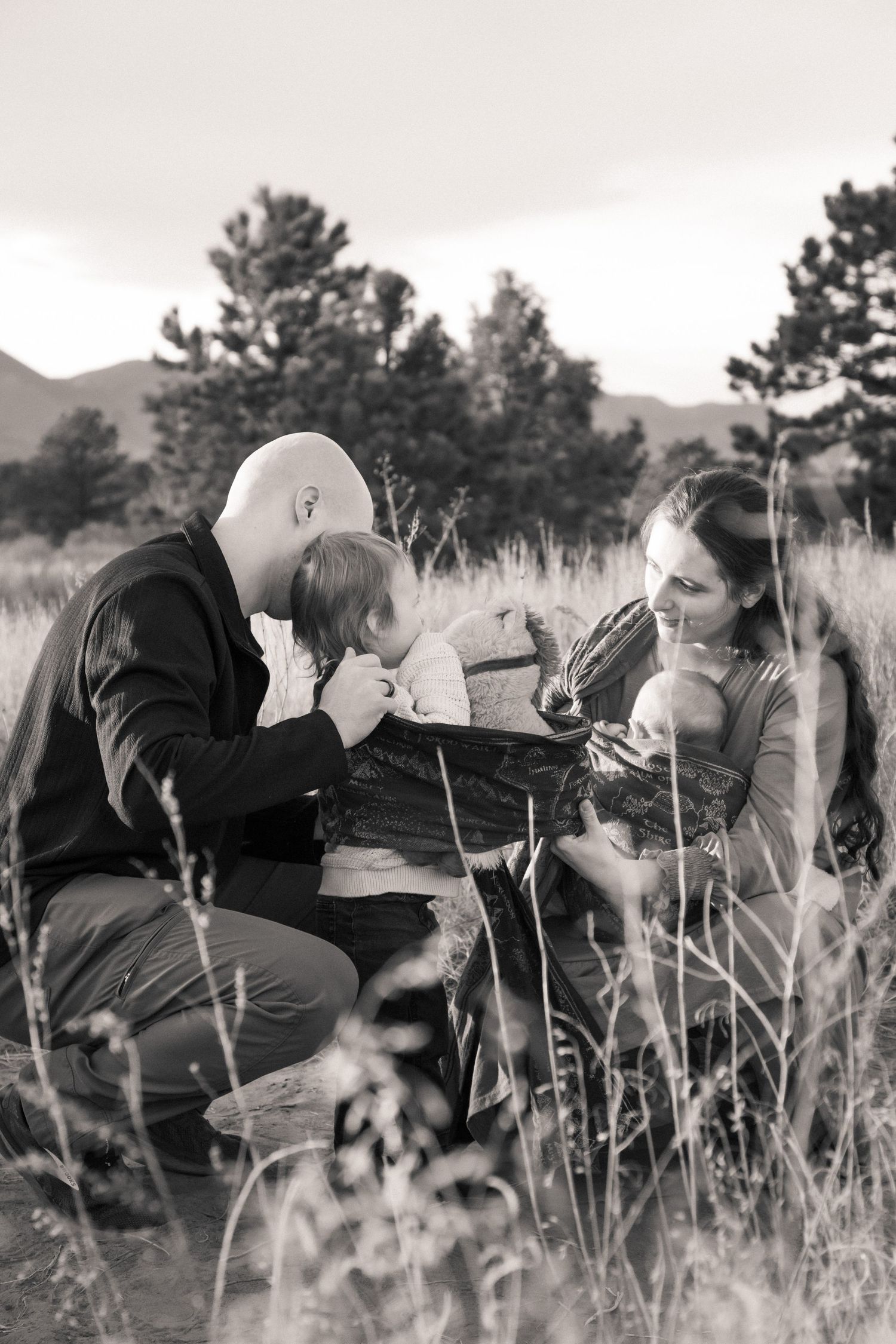 A black and white panoramic sequence shows someone crouching in tall grass while photographing nature outdoors.