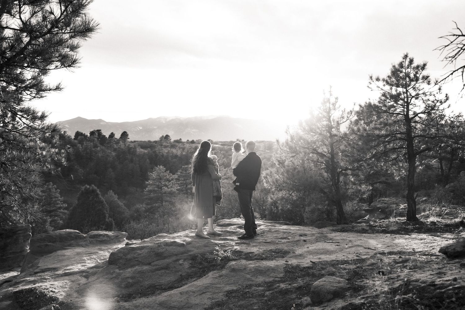 Silhouetted figures walk along a mountain ridge against a bright sunlit sky with pine trees in the background.