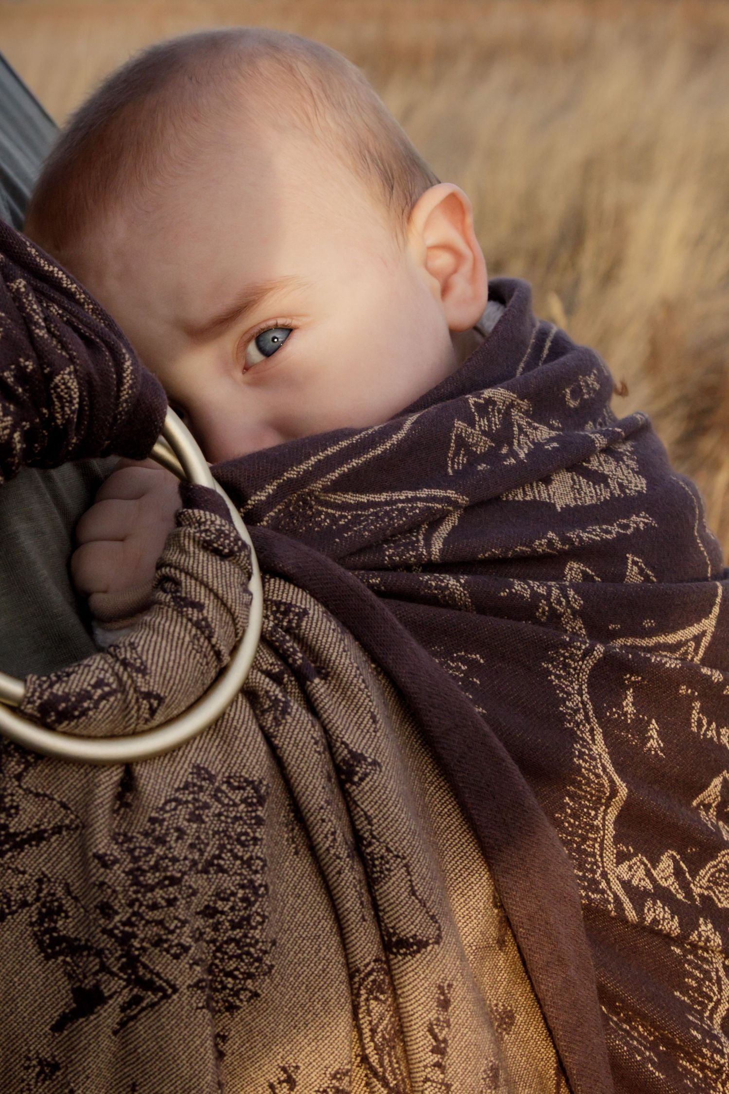 A close-up view of a baby wrapped in a patterned blanket, with only the face visible.