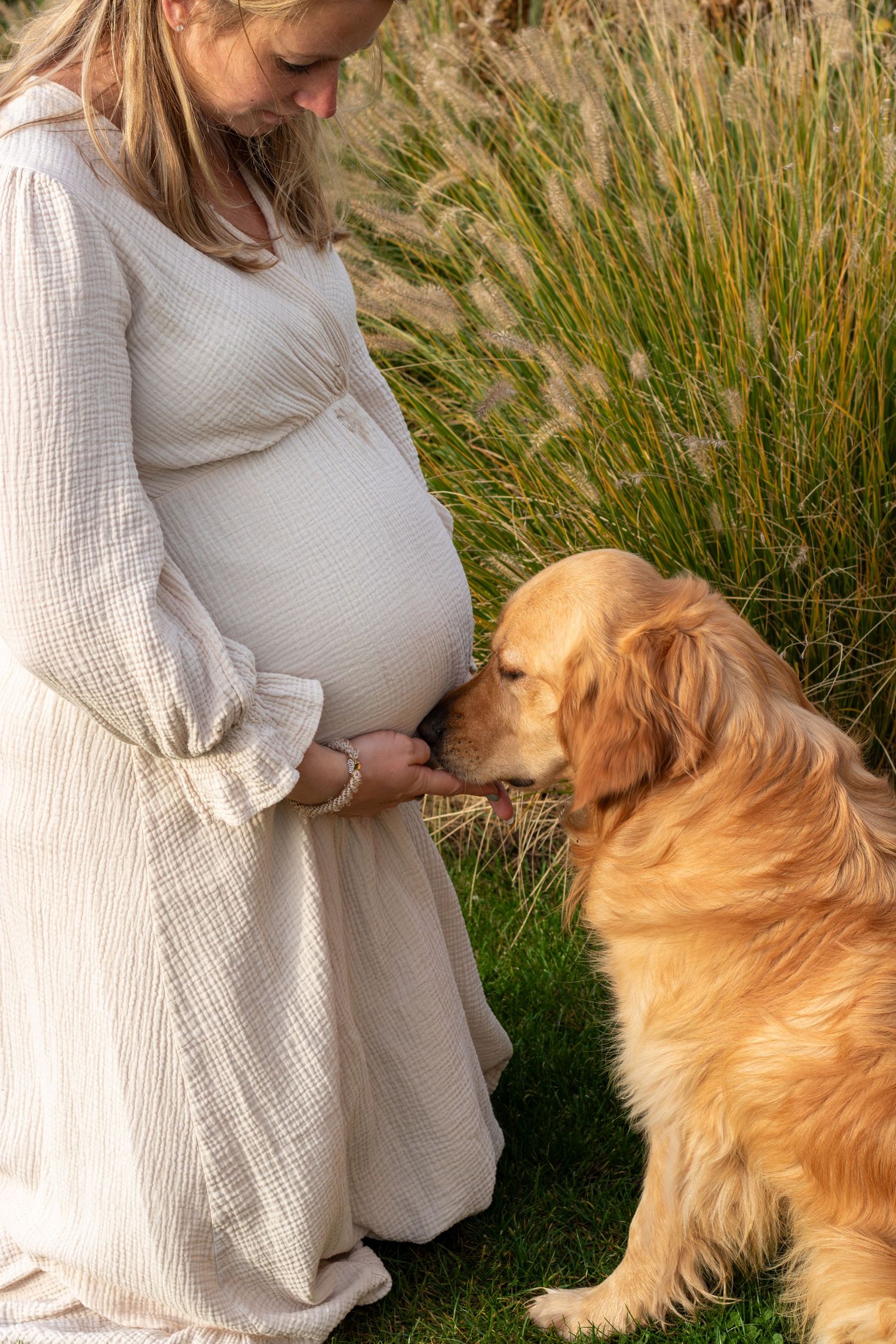 Hond die de buik van zwangere vrouw een kus geeft tijdens een zwangerschapsshoot in Zuid-Holland.