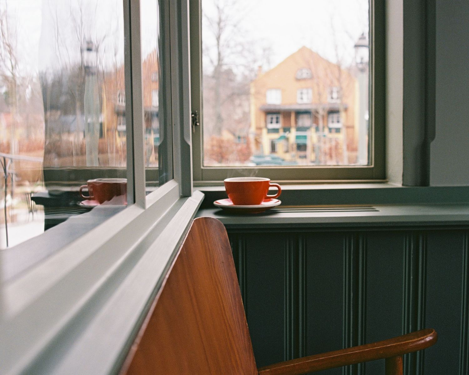 coffee on the side of a table shot on fa film camera for brands in stockholm