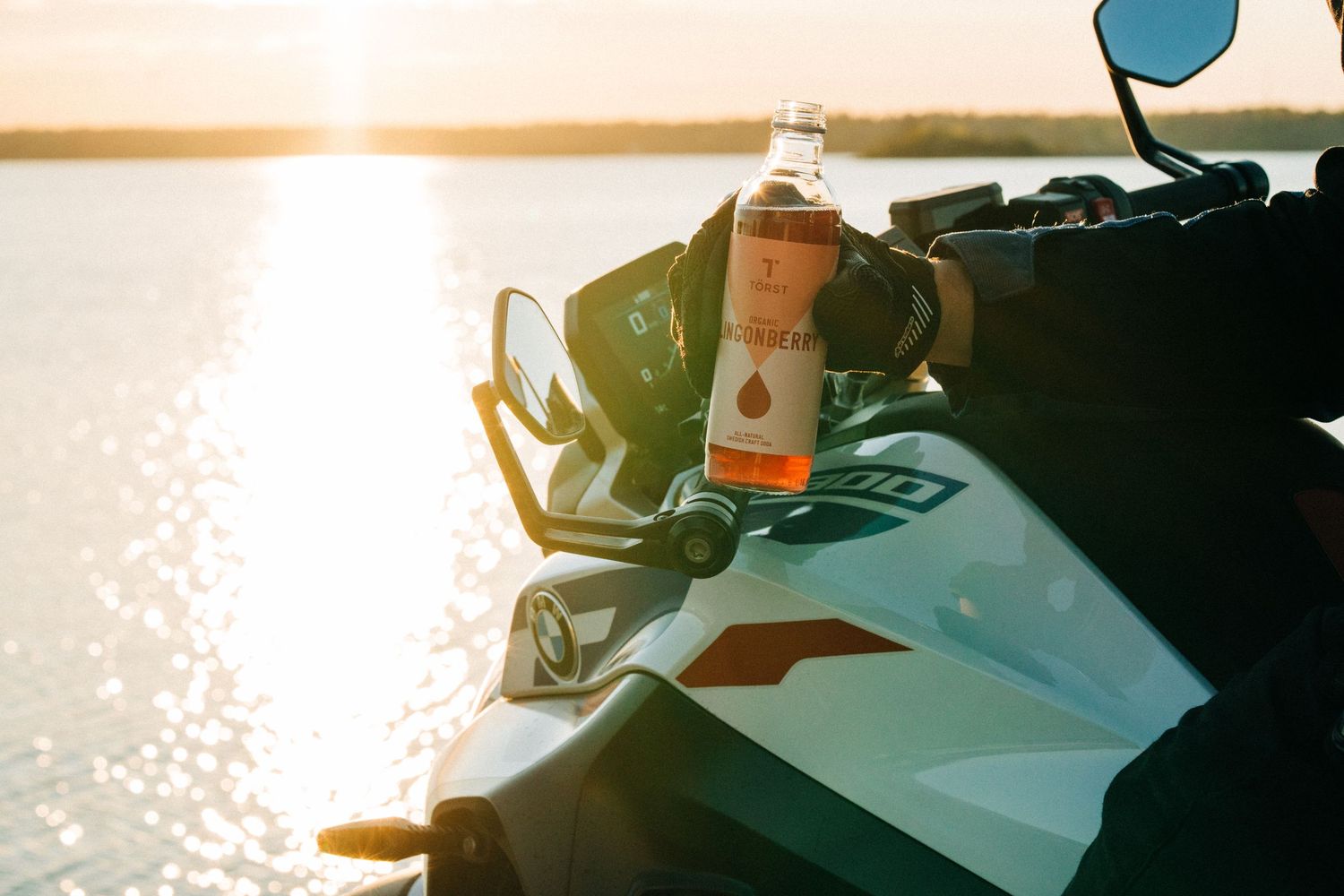 Törst lingonberry organic drink lifestyle commercial photography on a BMW motorbike