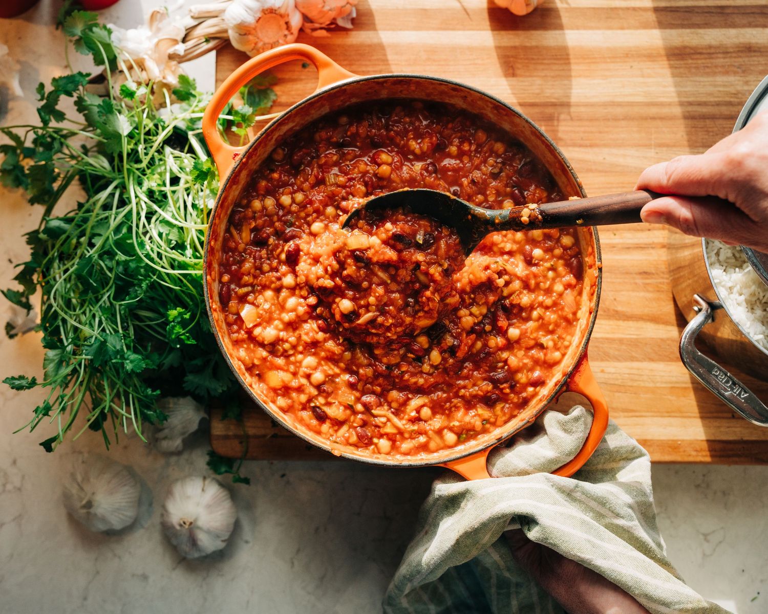 Home made vegetarian chilli photographed for a commercial lifestyle food photography shoot in Stockholm, Sweden