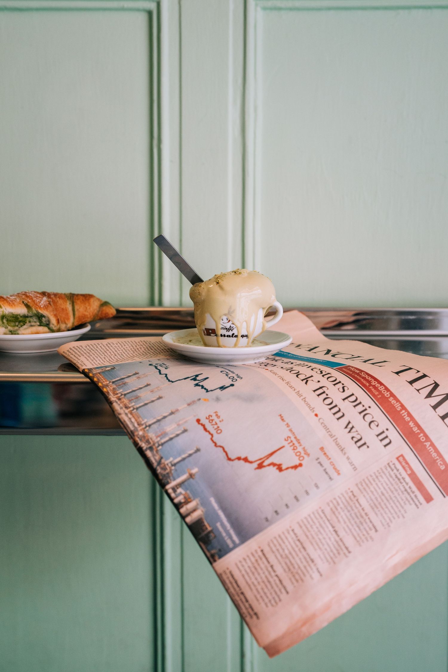 Italian coffee with croissant in a cafe for lifestyle photography in Stockholm