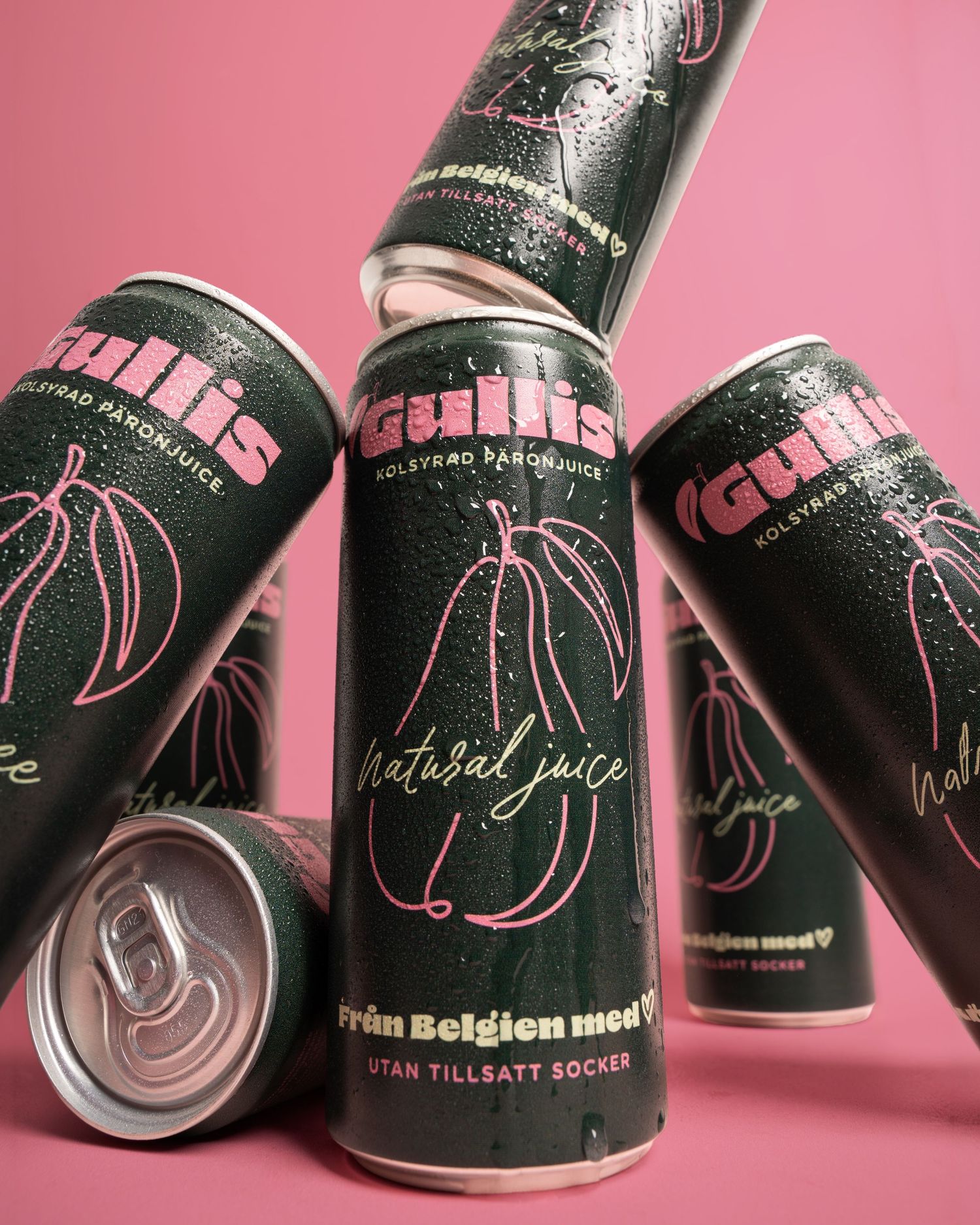 Studio photograph of Gullis drinks. A pear juice drink. A commercial photoshoot for Gullis drinks, Stockholm, Sweden