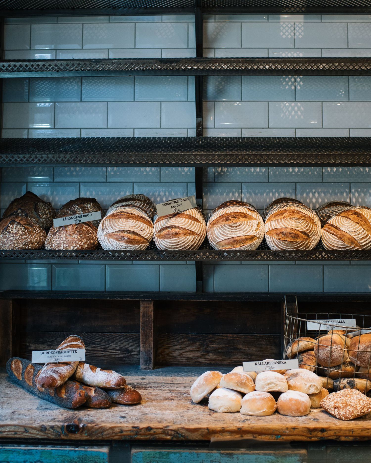 Sourdough bread lined up on a shelf in a cafe in Stockholm, Commercial Product Photography Sweden