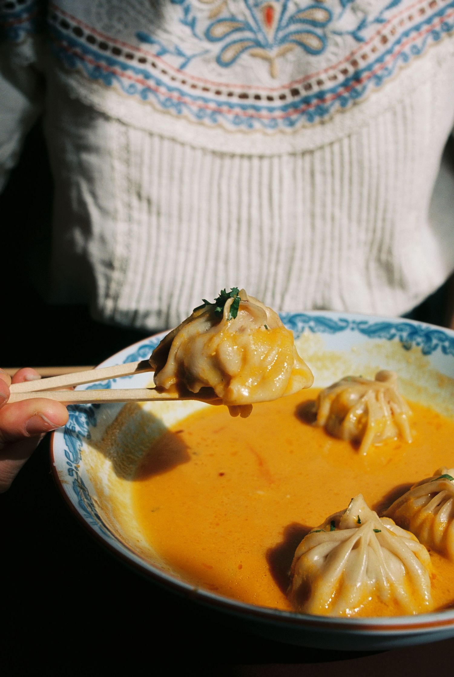 close up of a dumpling in a Himalayan restaurant shot on film analogue studio photographer Stockholm