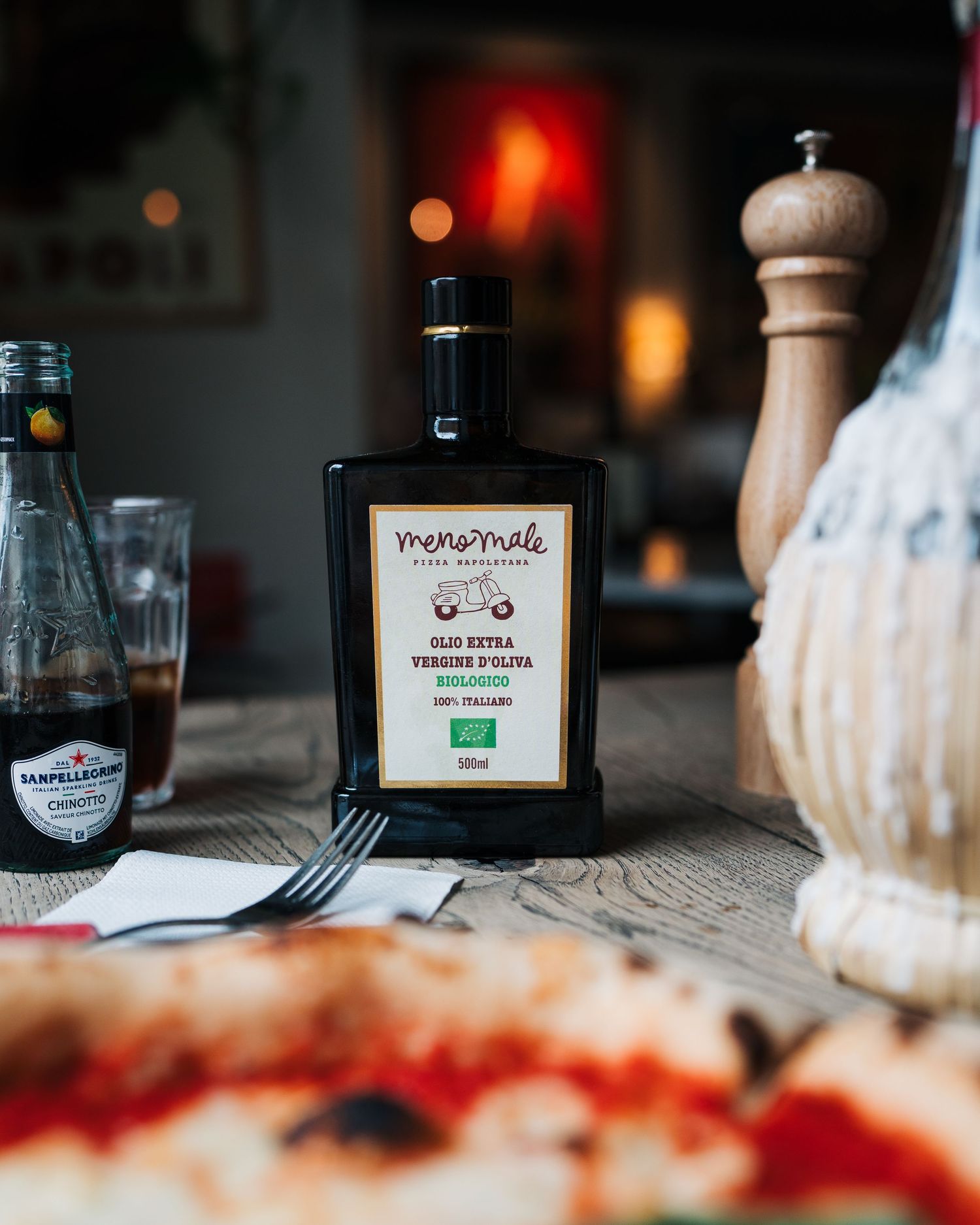 Italian olive oil on a table in an Italian restaurant in Stockholm