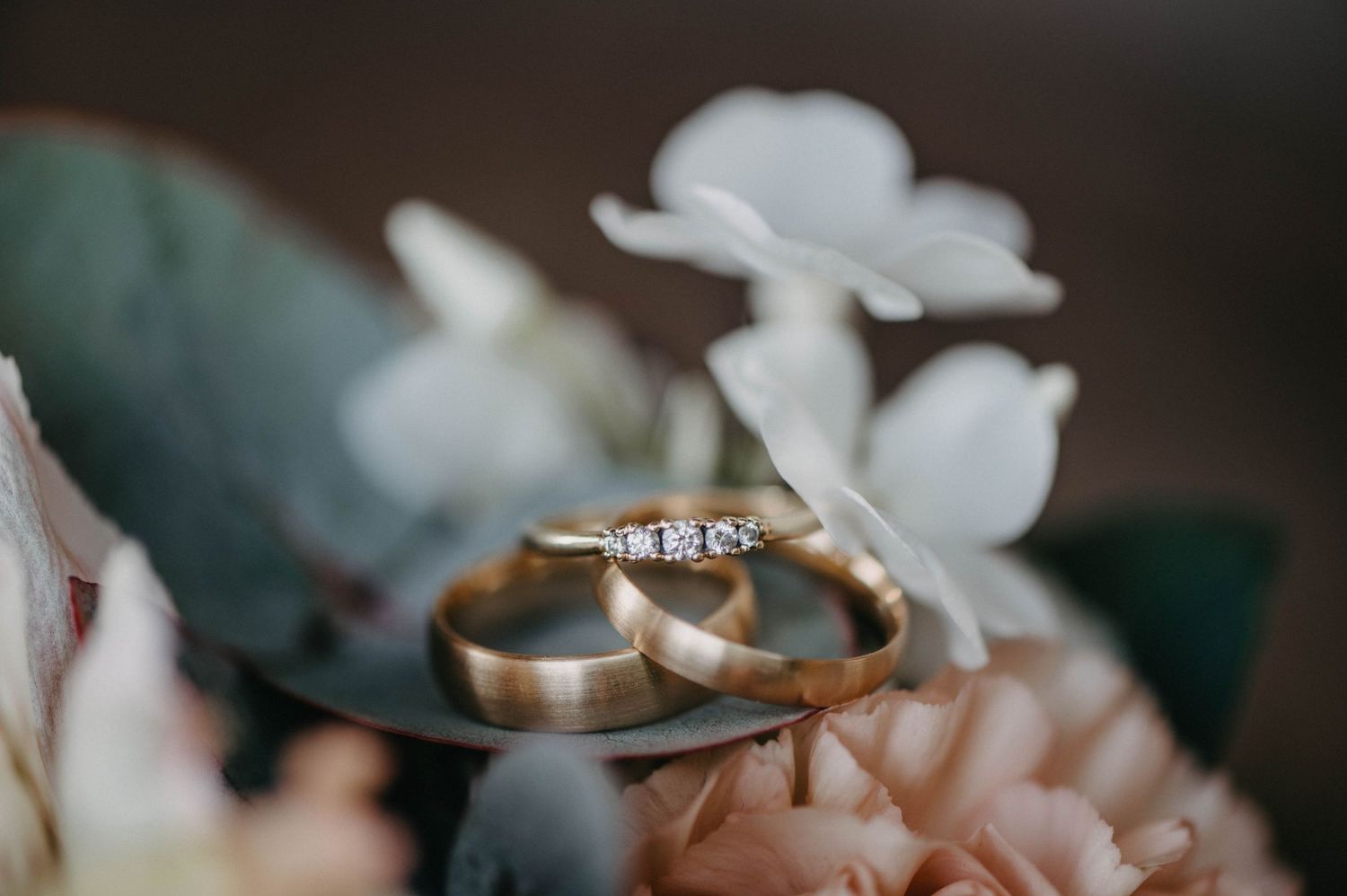 Close-up of wedding rings resting on delicate white flowers.
