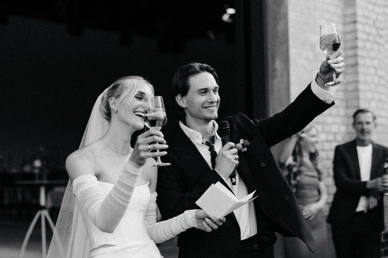A black and white wedding photo collage shows couples toasting with champagne glasses during celebrations.